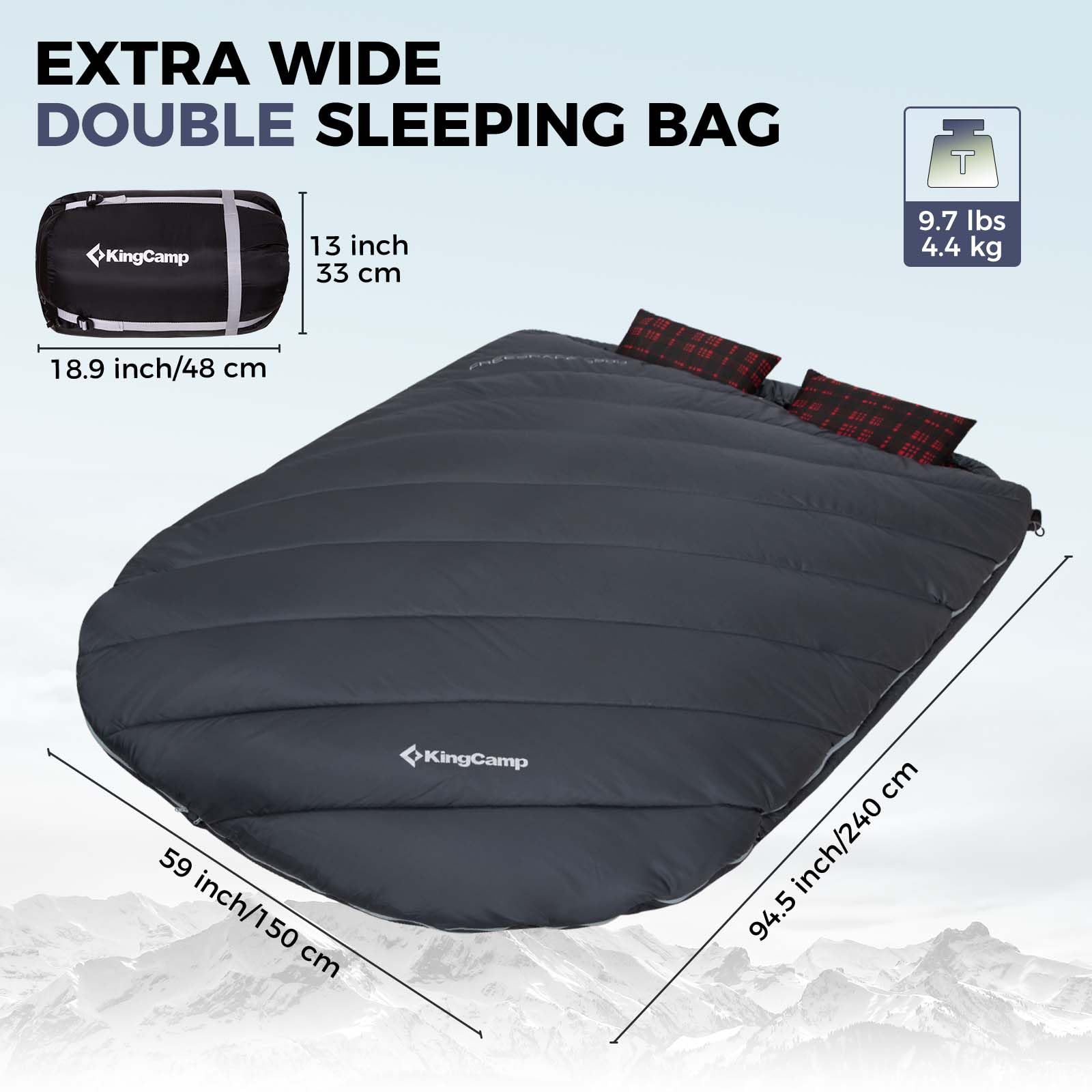 KingCamp Sac de couchage double pour adultes, grand lit, 2 personnes, sac de couchage en flanelle, léger, imperméable, avec 2 oreillers et sac de compression pour couples et famille, camping, gris