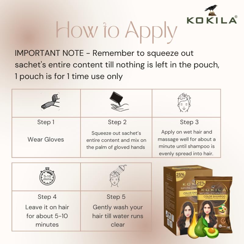 Image of Kokila Unisex Hair Color Shampoo Enriched With Almond Oil in Just 5 Minute, Long-Lasting Instant Hair Color Brown Pack of 15 (18ML Each)