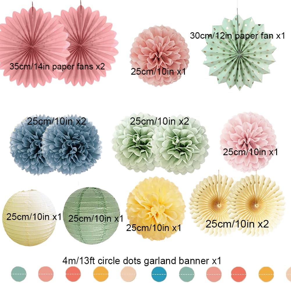 Retro Boho Rainbow Party Decorations Pastel Boho Party Decor Sage Green Dusty Pink Blue Yellow Cream Paper Pom Poms Paper Lanterns for Retro Birthday Neutral Baby Shower Wedding Party Decorations