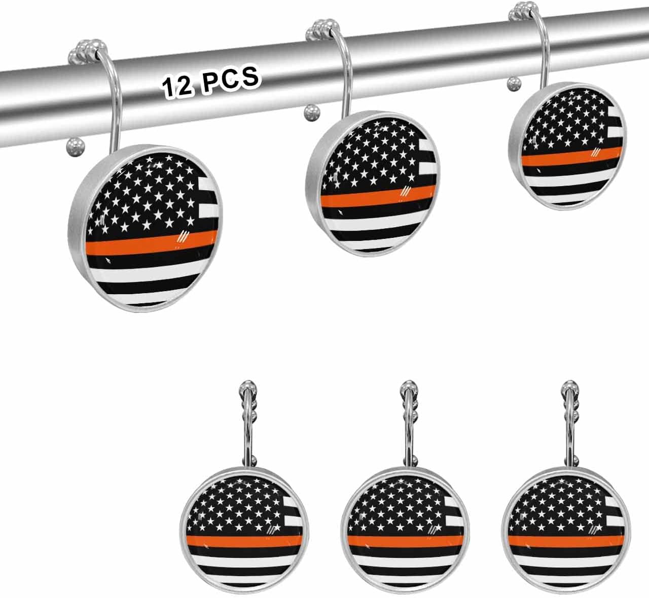 Shower Curtain Hooks Set of 12 Thin Orange Line Flag Search Crystal Glass Shower Curtain Rings for Bathroom Decorative Stainless Steel Rust Proof Roller Shower Curtain Hangers
