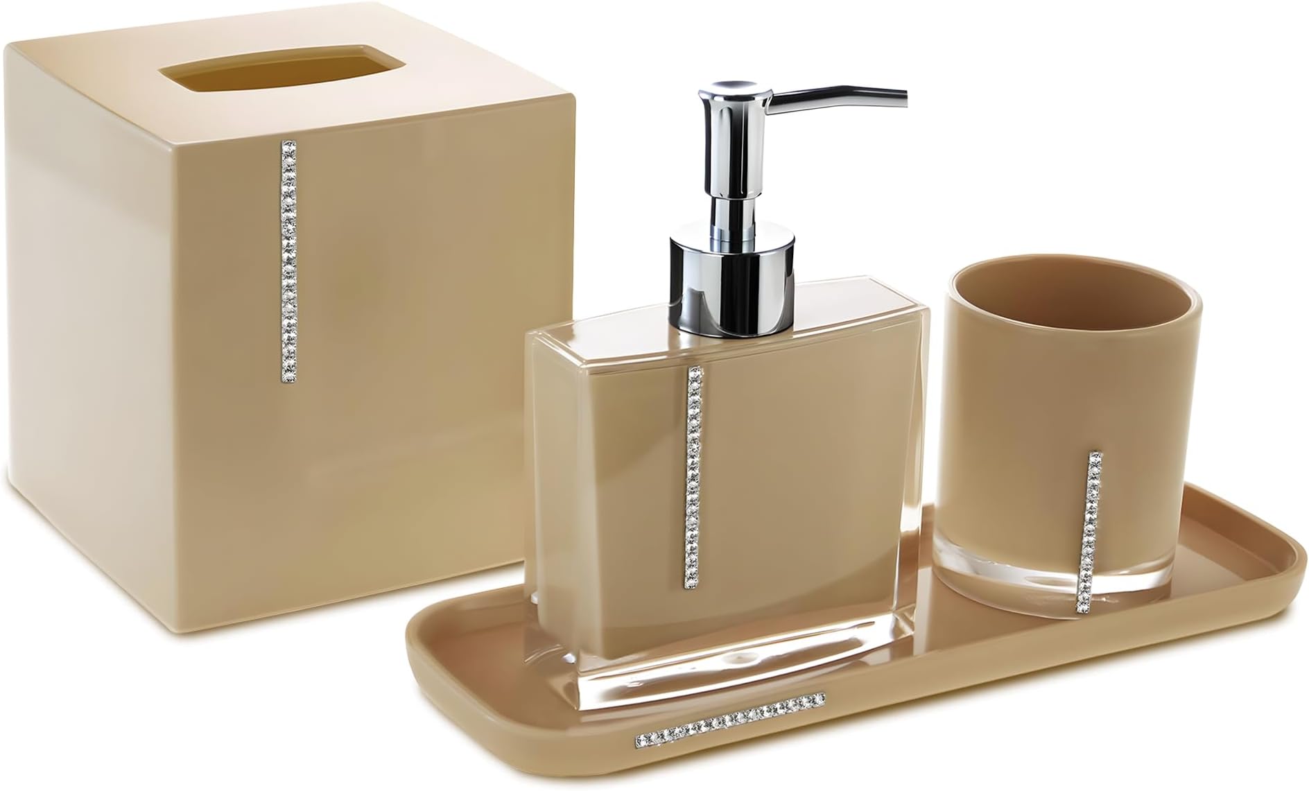 Decozen Bathroom Accessories Set of 4 - Elegant Soap Dispenser, Tumbler, Tissue Box & Tray for Modern Decor Home Decor Bath Accessories, Ideal Bathroom Decor & Housewarming Gift - Crystal Beige