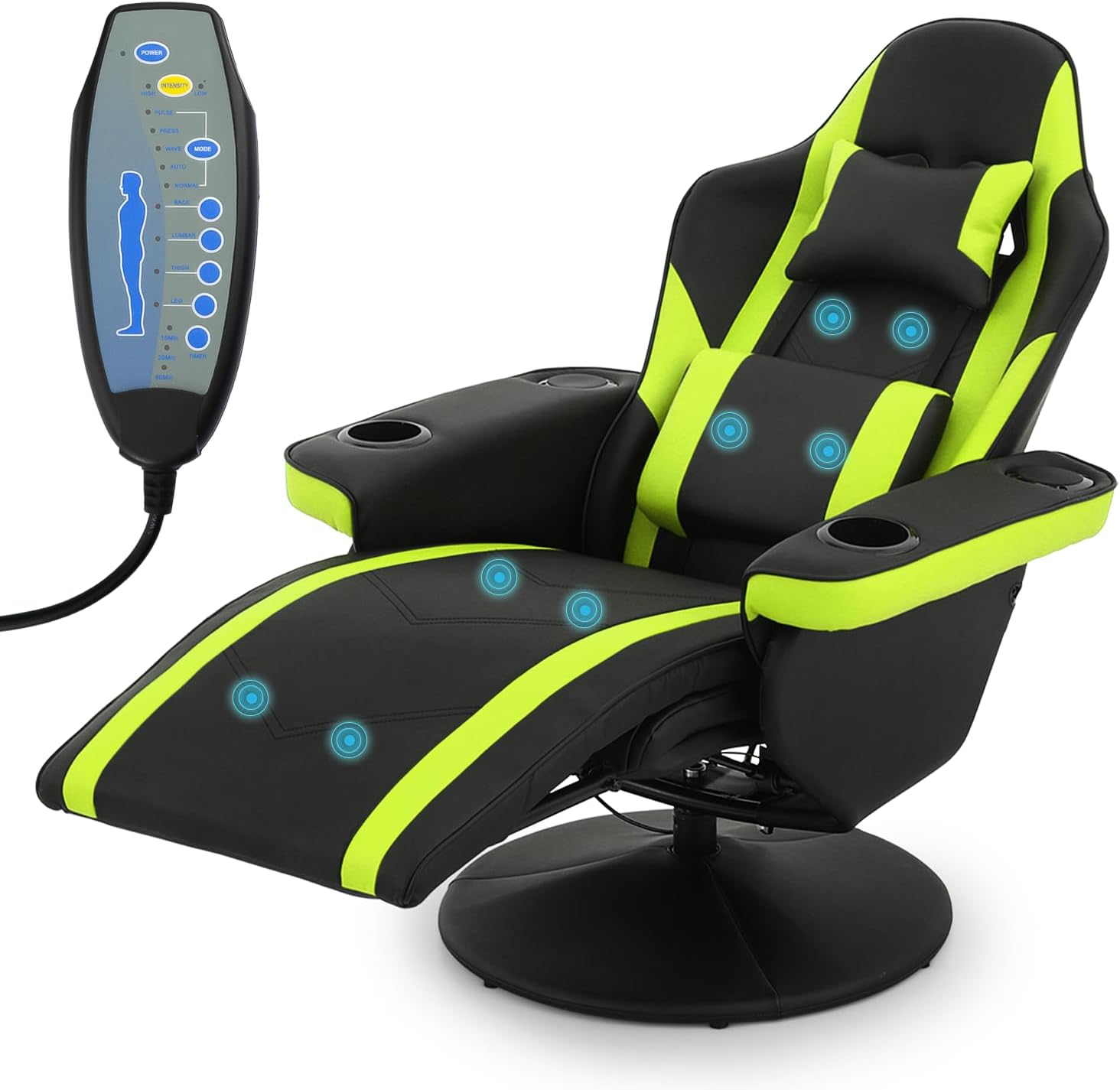 MoNiBloom Massage Gaming Recliner Chair with Speakers, Ergonomic Lumbar Neck Support and Armrests with Cup Holders, Swivel Gaming Chair for Adult Teen, Green