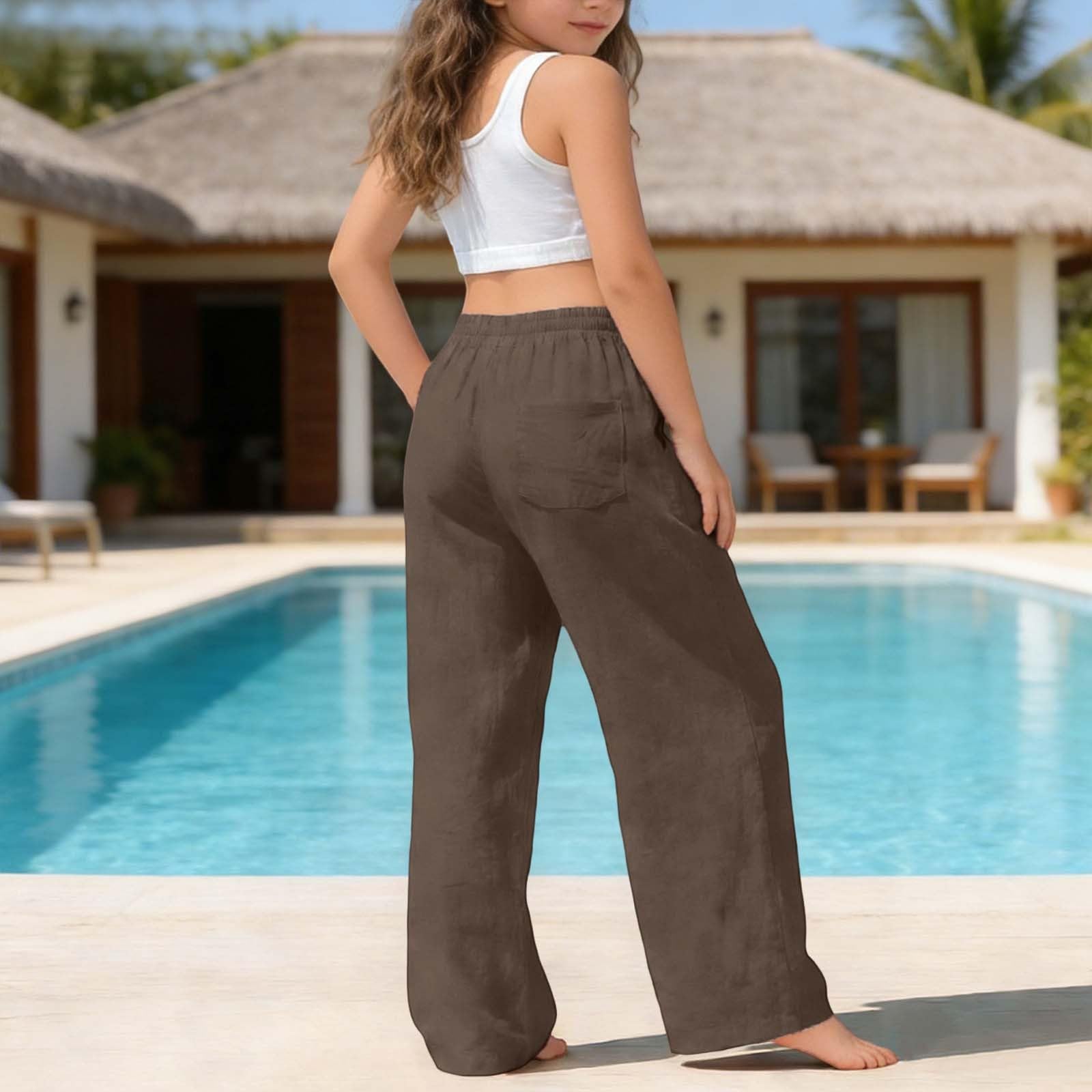 Pantaloni Gamba Larga per Ragazze in Cotone e Lino Wide Leg Cargo Sweatpants for Girls Pantaloni Larghi Estivi a Palazzo Casual con Tasca Coulisse a Vita Alta Pantaloni Larghi Tinta Unita Spiaggia