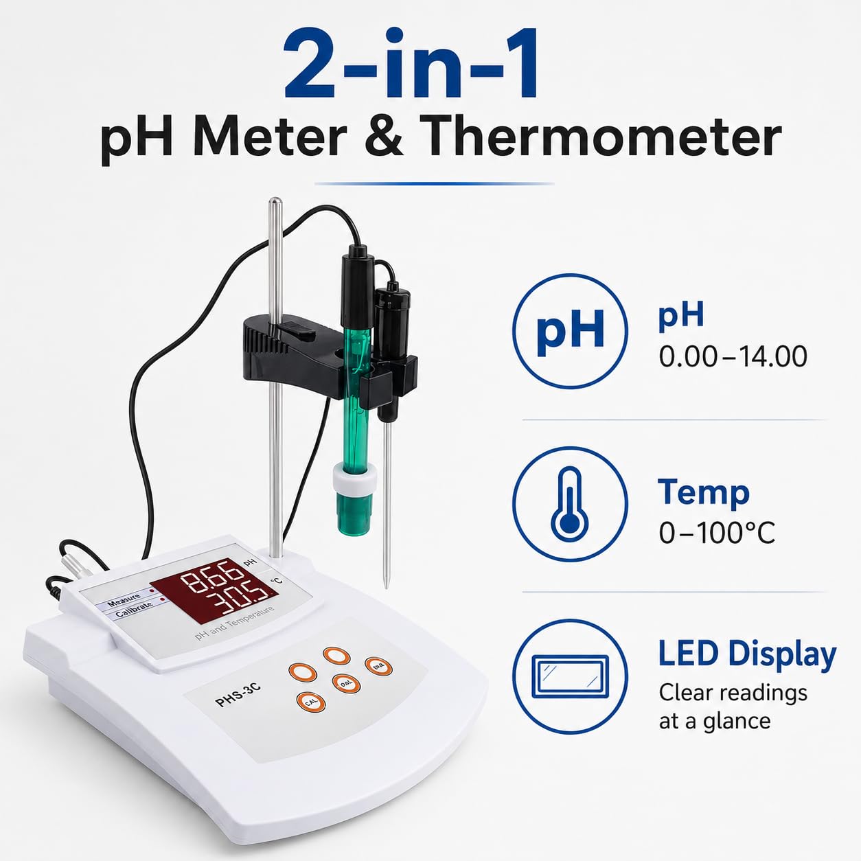 Medidor de pH digital para laboratorio, precisión de pH ± 0,01, calibración automática de 2 puntos con electrodos de pH y temperatura, perfecto para pruebas de agua