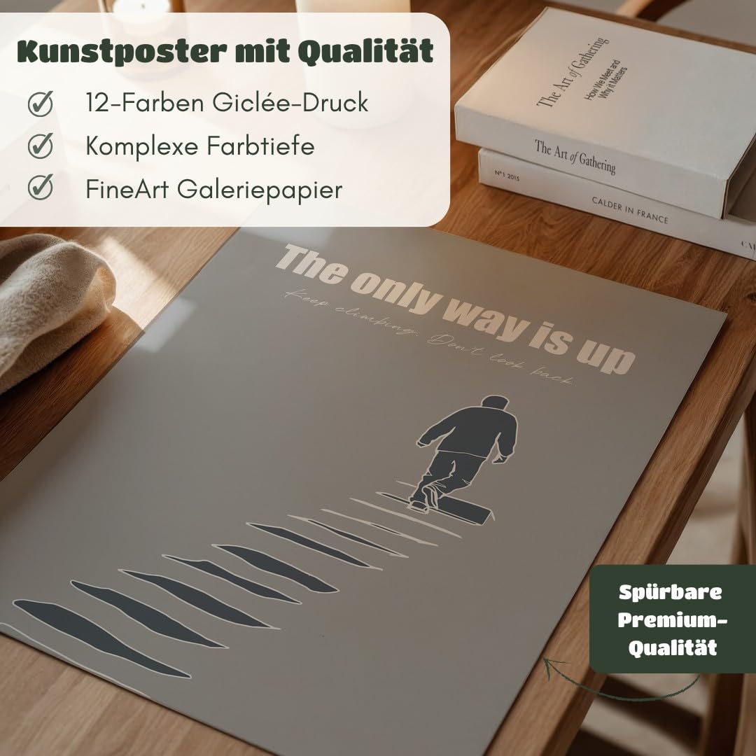 MJ-GRAPHICS® Motivierend Poster Aufstieg Wandbild minimalistisch Stil Grau modern Wohnzimmer DekoInspirierend Kunstdruck Treppe Büro Wanddeko zielstrebig Bilder A2 mit beigem Rahmen