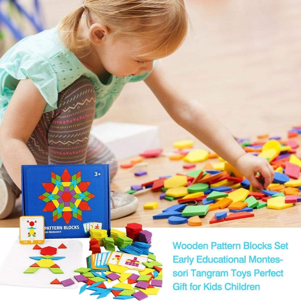 155 Wooden Pattern Blocks Kid Shapes Puzzles Brain Teaser Toys Graphical Educational Montessori Tangram Toys with 24 Pcs Pattern Blocks