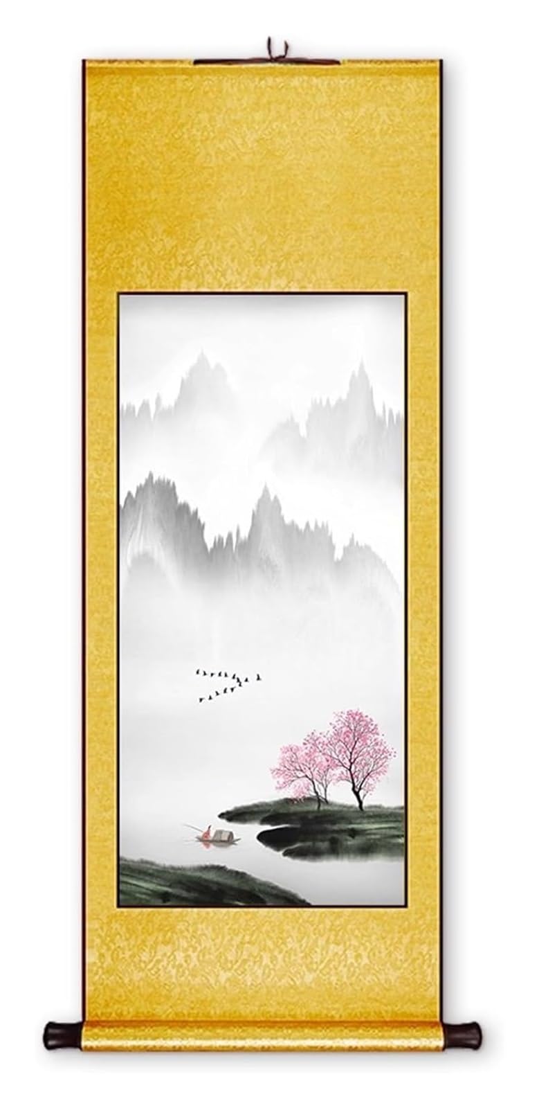Artystyczne malowanie tuszem, klasyczny chiński krajobraz, dekoracja feng shui do jadalni, kolekcja prezentów na parapetówkę(Yellow A,40L x 119W cm)
