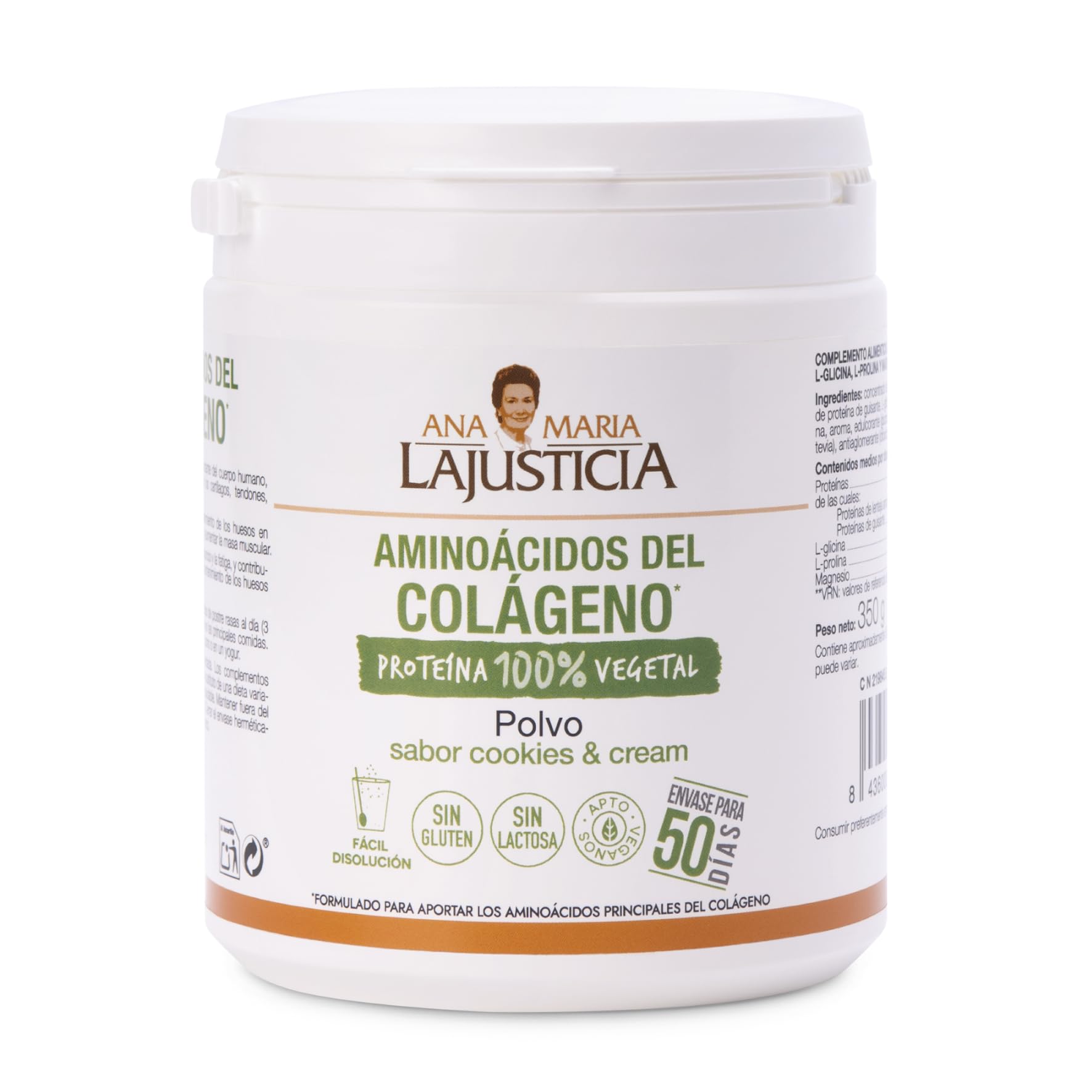 ANA MARIA LAJUSTICIA – Aminoácidos del Colágeno 350 g | Colágeno 100% Vegetal con Magnesio | Suplemento Vegano sin Gluten ni Lactosa | Sabor Cookies & Cream | Envase para 50 días