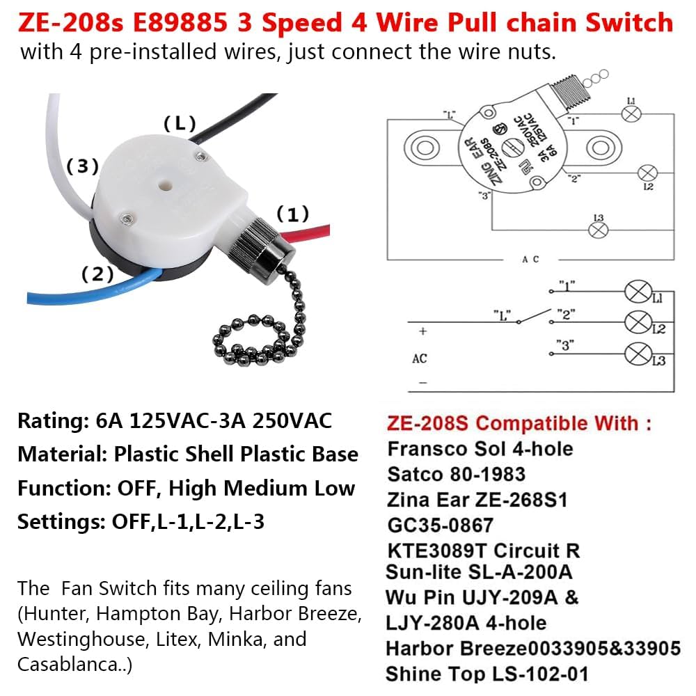 Ceiling Fan Switch Zing Ear ZE-208s E89885 3 Speed 4 Wire