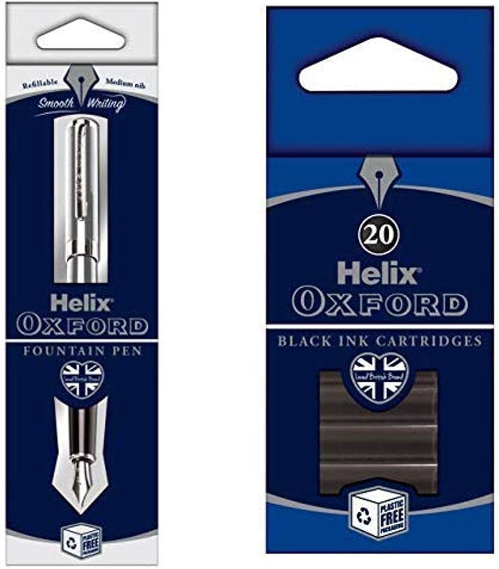 Oxford Fountain Pen (Stainless Steel) with x20 pack of Black Ink Cartridges