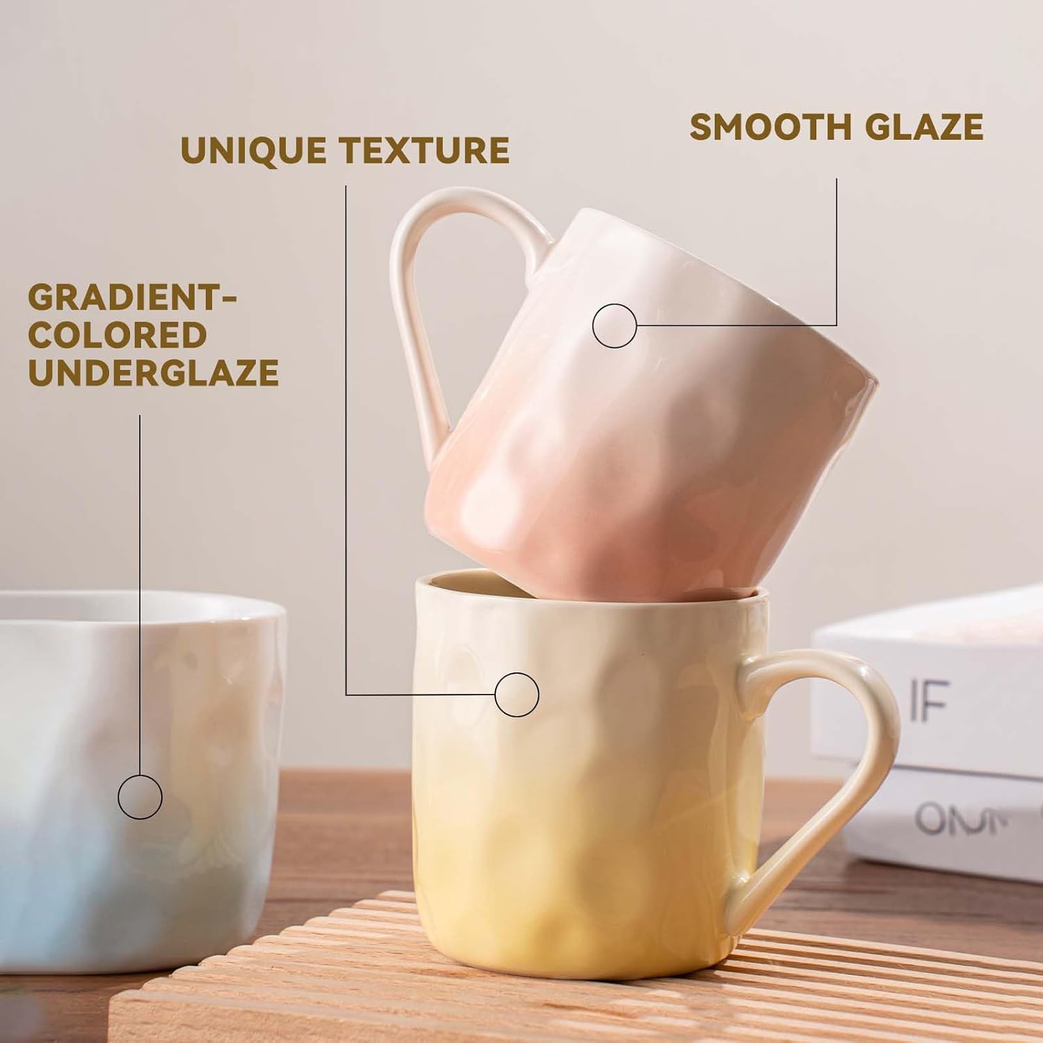 Porcelain Coffee Mugs, Set of 6, 12oz Hand-Pinch Textured Ceramic Mugs, Microwave & Dishwasher Safe, Non-Toxic, Stylish Gift (Multicolor) - Image 3