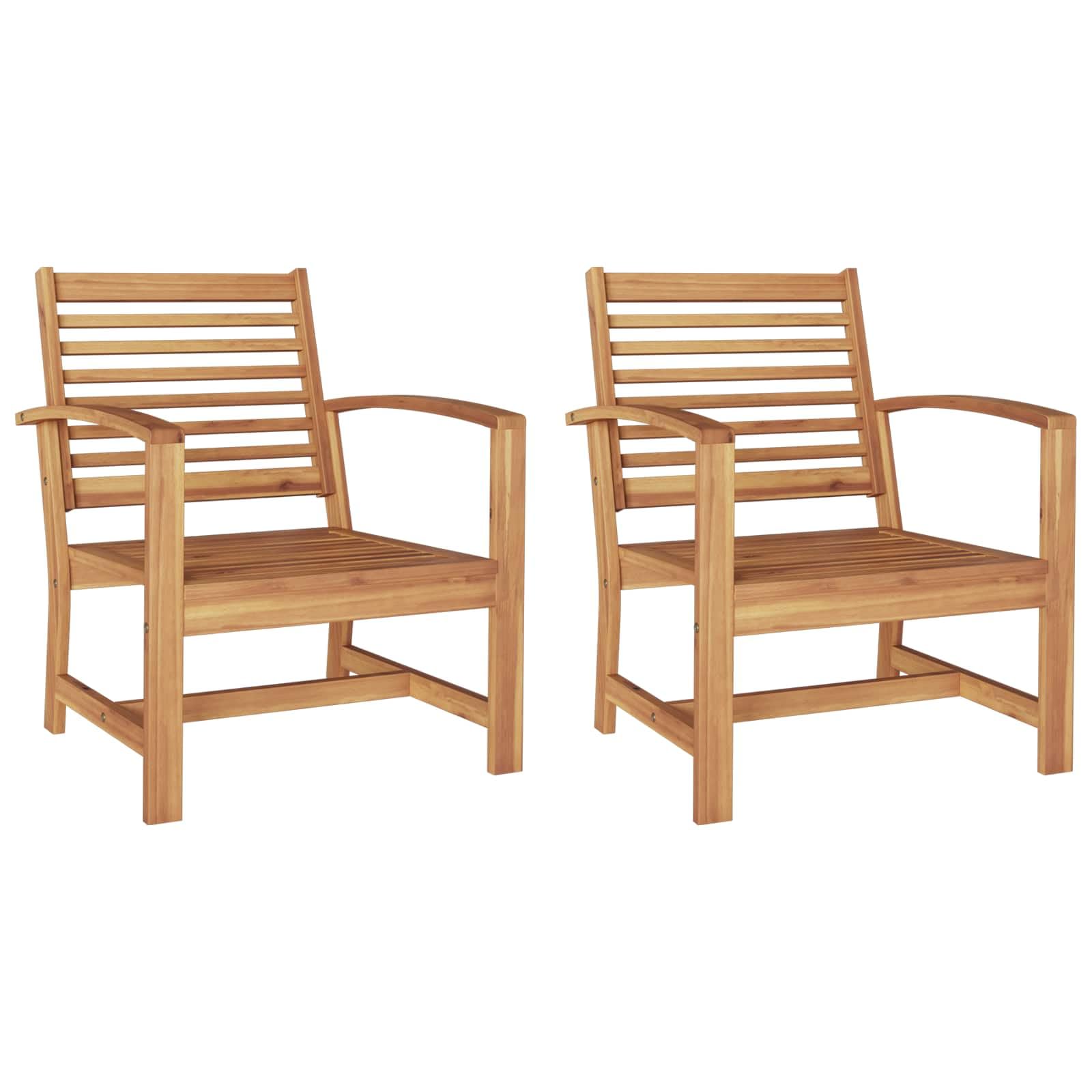 Set di mobili da giardino in legno di teak massiccio, 2 sedie marroni, 65 x 60 x 76,5 cm, con gambe quadrate per stabilità e design rustico.