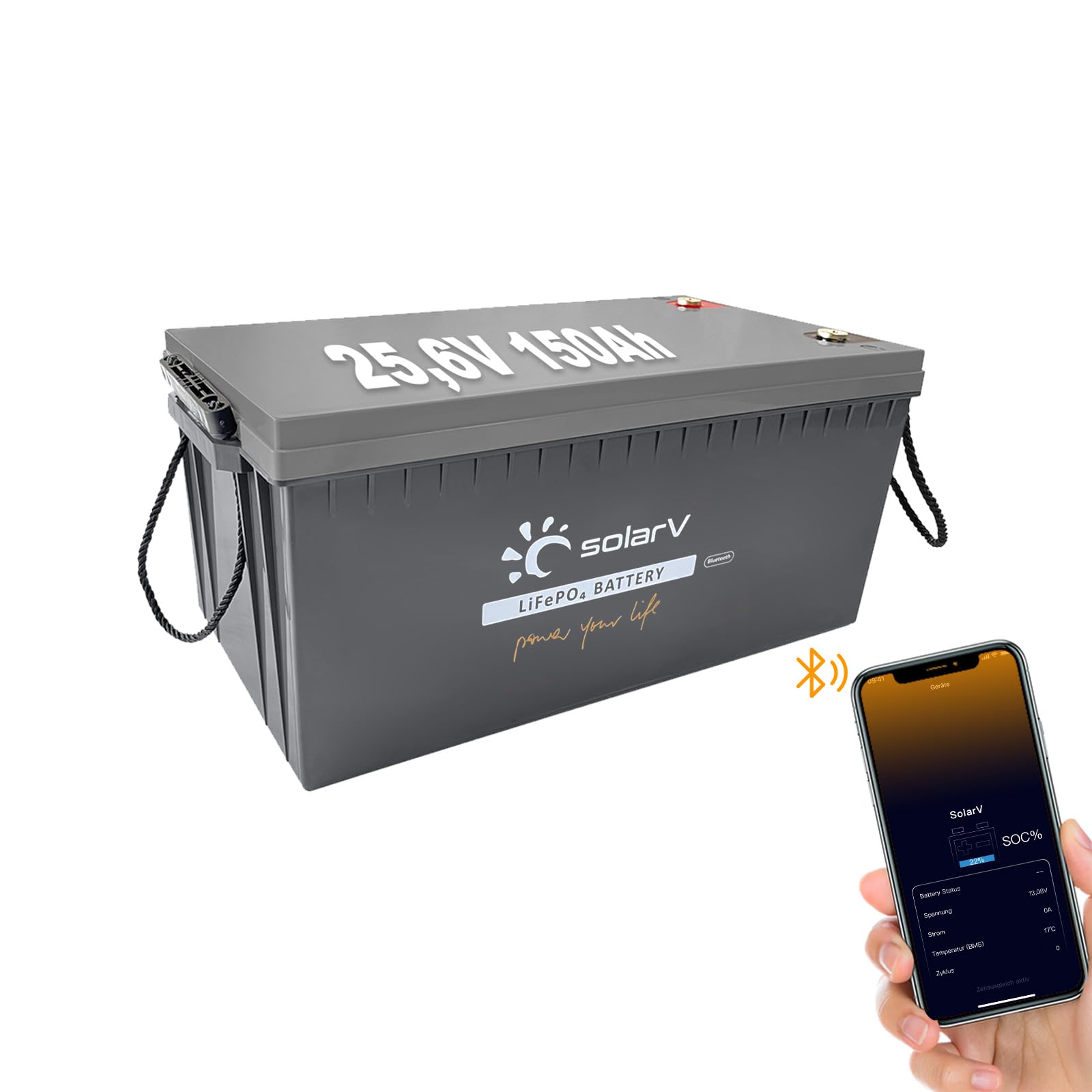 SolarV LiFePO4 akumulator 25V 150 Ah z BMS 100 A i Bluetooth do instalacji solarnych, kamperów, łodzi, domu, na kemping, 10 lat żywotności, idealny zamiennik akumulatorów ołowiowo-kwasowych AGM