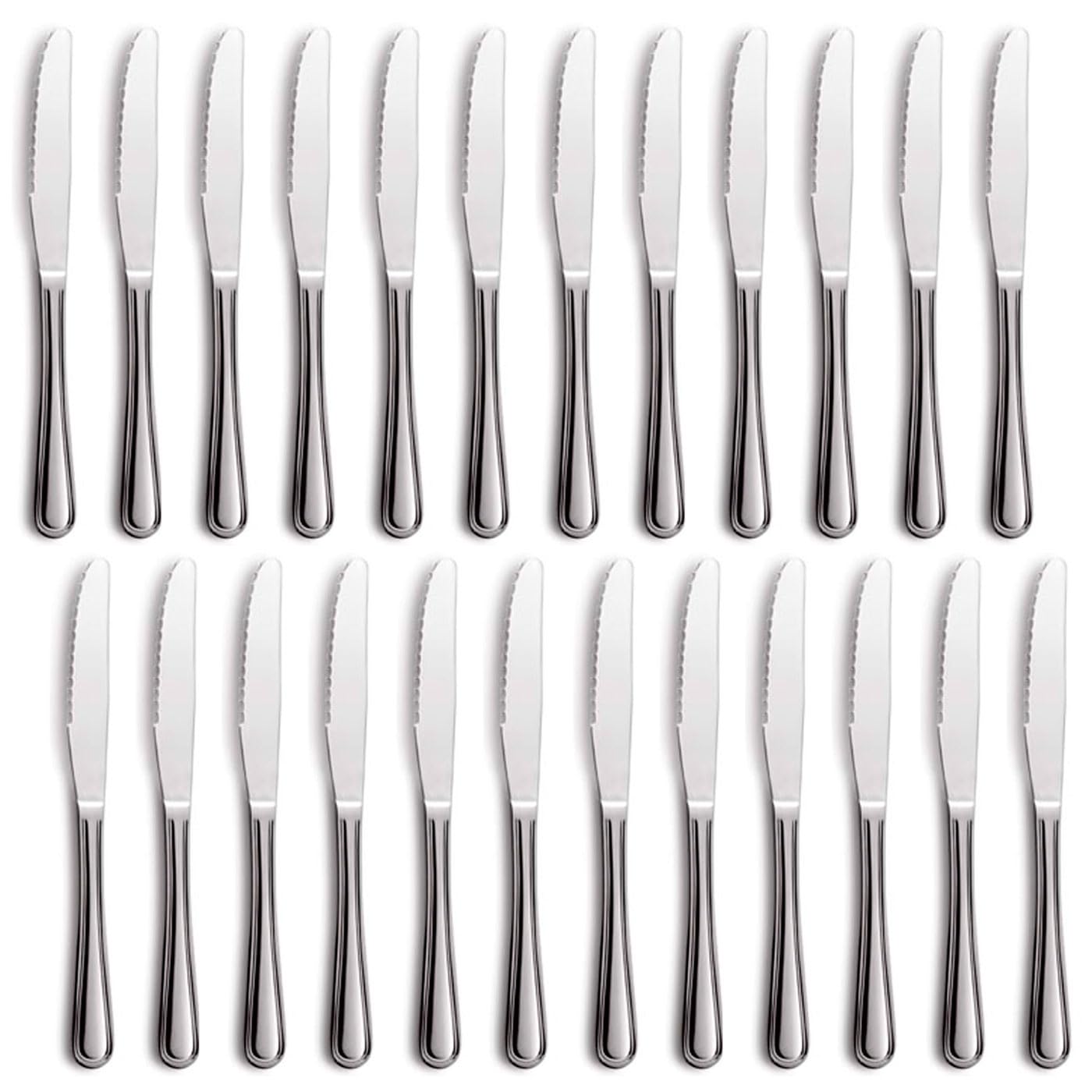 Tradineur - Pack de 24 Cuchillos de Mesa para Carne, Acero Inoxidable, Cubiertos clásicos con Hoja de Sierra, Aptos para lavavajillas - 22,5 cm