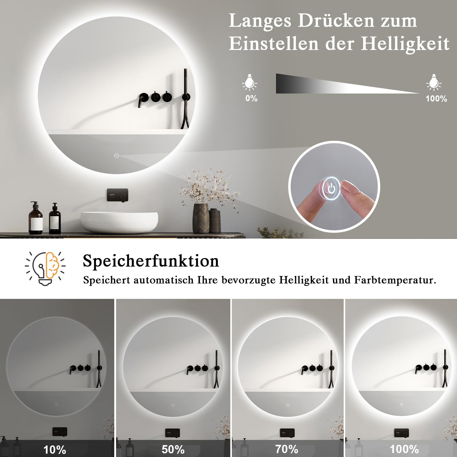 Badspiegel mit Beleuchtung - LED-Badezimmer-Spiegel-Round 50cm,Touch-Schalter,Dimmbar,3 Lichtfarben, Speicherfunktion, Badezimmerspiegel mit HD Sicherheitsgla - Explosionsschutz Wandspiegel