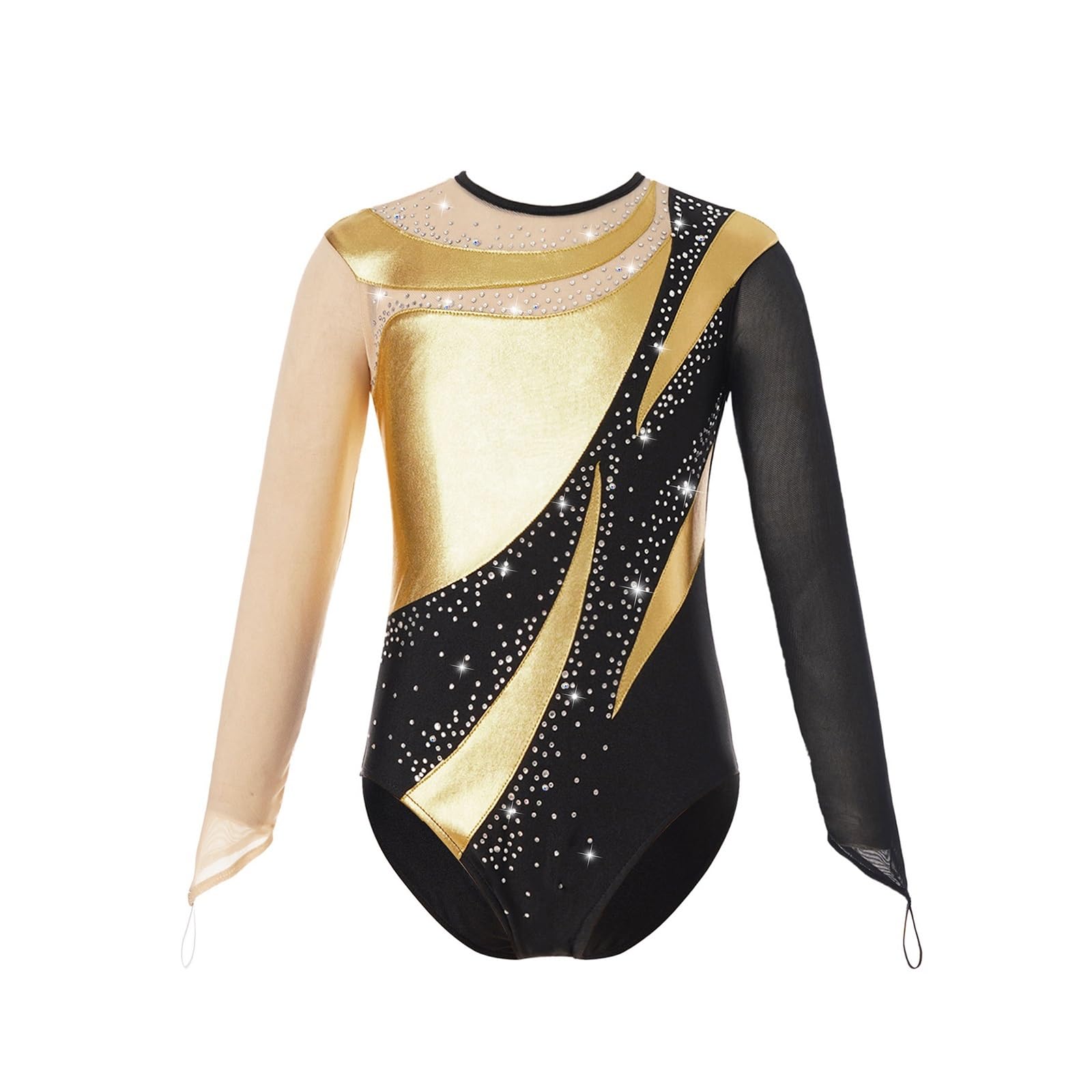 Maillot Gimnasia Ritmica Leotardos de Gimnasia for niñas, Mono de Ballet de Manga Larga de Malla bronceadora, Mono de Patinaje sobre Hielo con Contraste metálico(Gold,8)