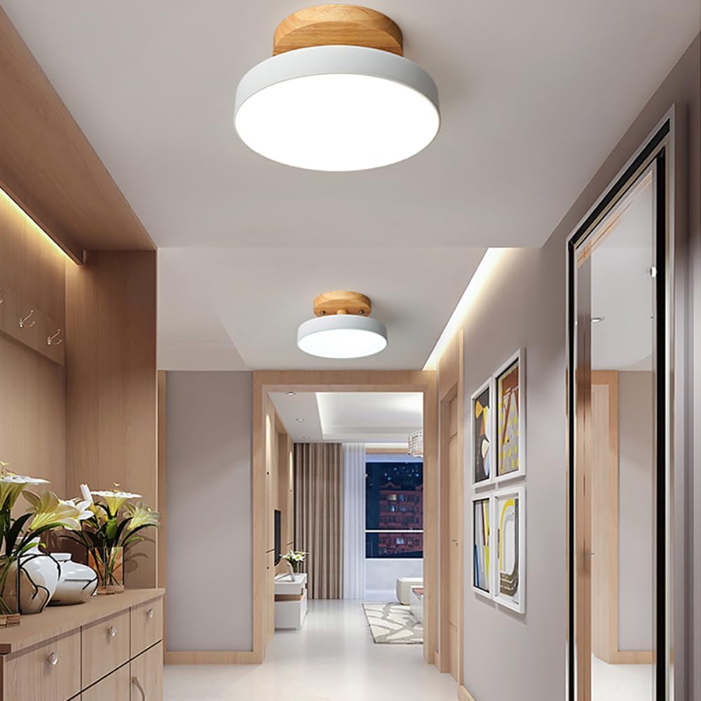 Dimmable LED Ceiling Light Fixture,9 Inch 1-Lights Modern Ceiling Lights Flush Mount Wooden 12W White Chandelier for Living Room Bedroom Kitchen,3000K/4000K/6000K Temperatures Selectable