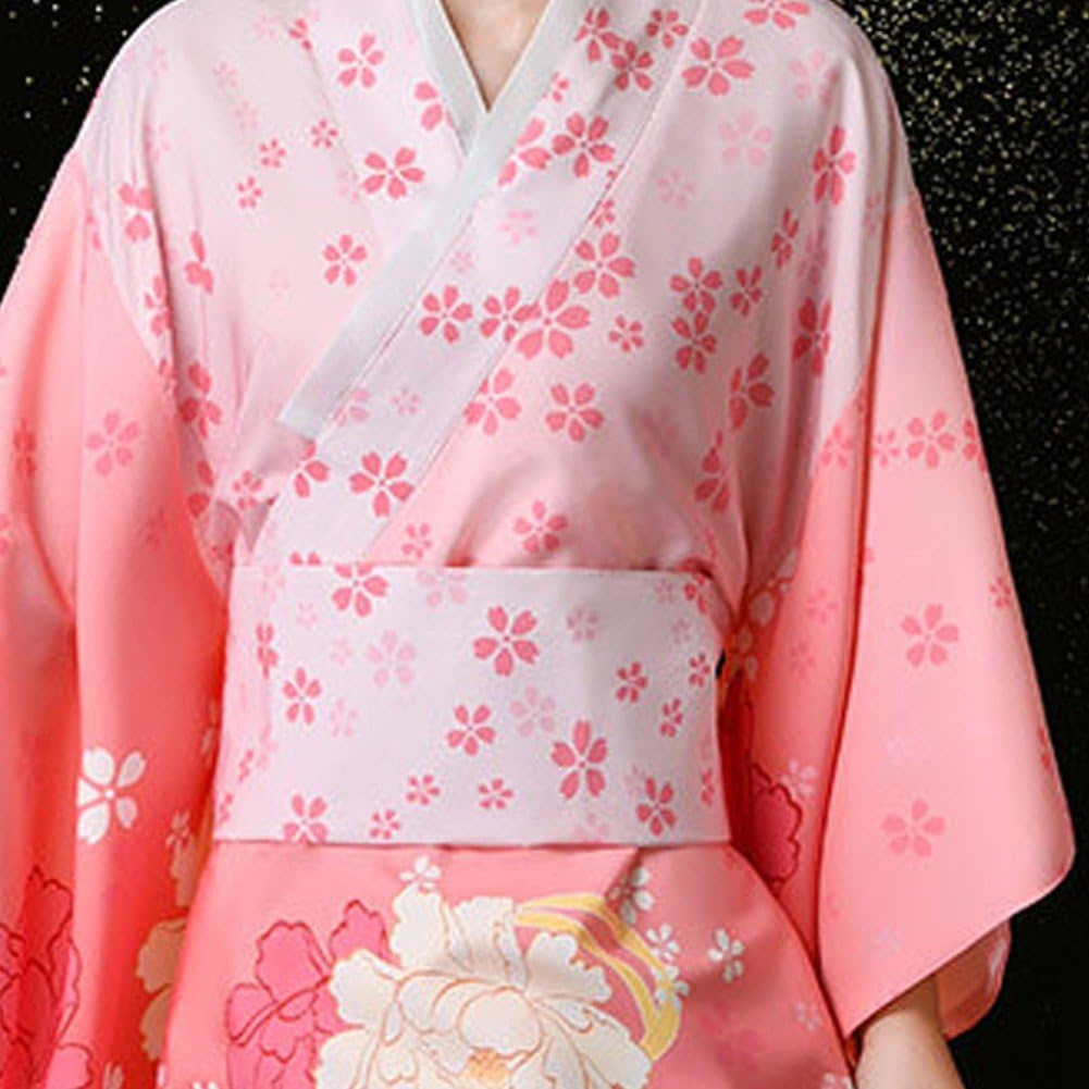 Japanischer Kimono Damen Mit Blumenmuster - Leichter Yukata Aus Seidenoptik Mit Gürtel