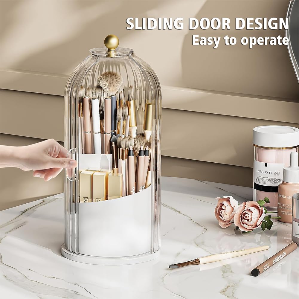 FIVAVA Makeup Brush Holder 360 Rotating Organizer with Clear Lid,Sliding Opening Dustproof Makeup Organiser Storage for Lipstick Lip Gloss - Image 2