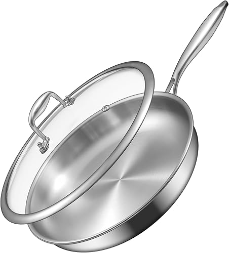 EWFEN Sartén de acero inoxidable de tres capas de 12 pulgadas, compatible con todas las estufas de hasta 600 , sartén grande con tapas, sartén lista