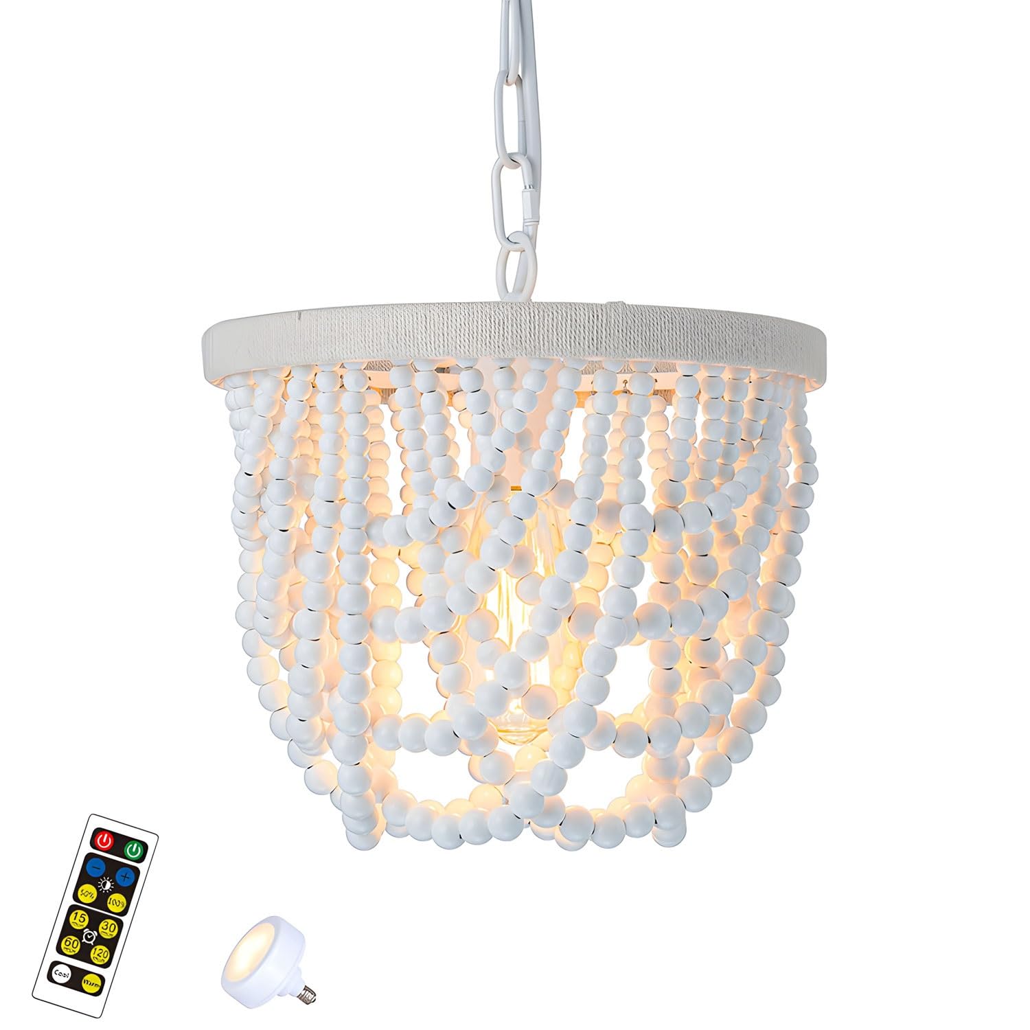 FZQSXAZU Chandeliers Beaded Chandelier ht Fixture, Bohemia Wood Pendant hts, Farmhouse with Bulb & Remote Control, Mini White Finishing, for Dining RoomBedroom (Color:Tw