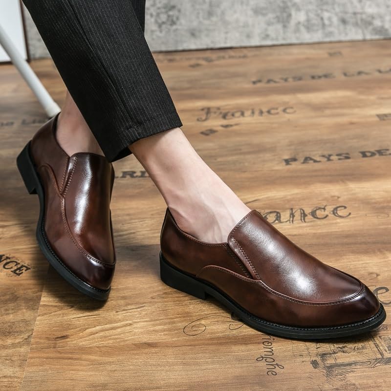 HOOENG Dress Oxford Shoes for Men Slip On Pointed Burnished Toe PU Leather Shoes Rubber Sole Block Heel Resistant Non Slip Anti-Slip Walking(Color:Brown,Size:10.5)4
