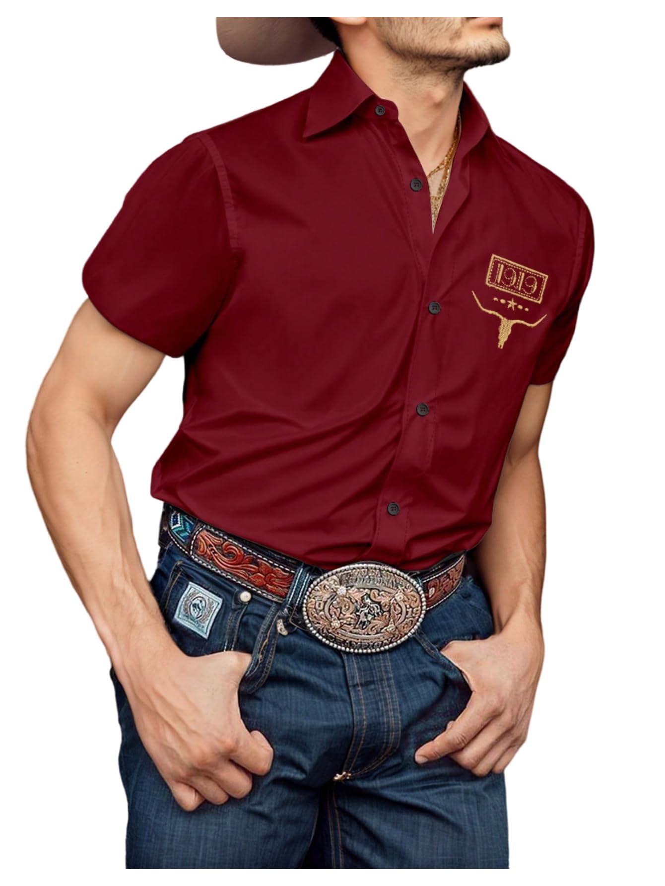 BEAUDRM Men's Vintage Western Cowboy Shirt Graphic Button Down Shirts Short Sleeve Summer 70s Hippie Top Cowboys Costume