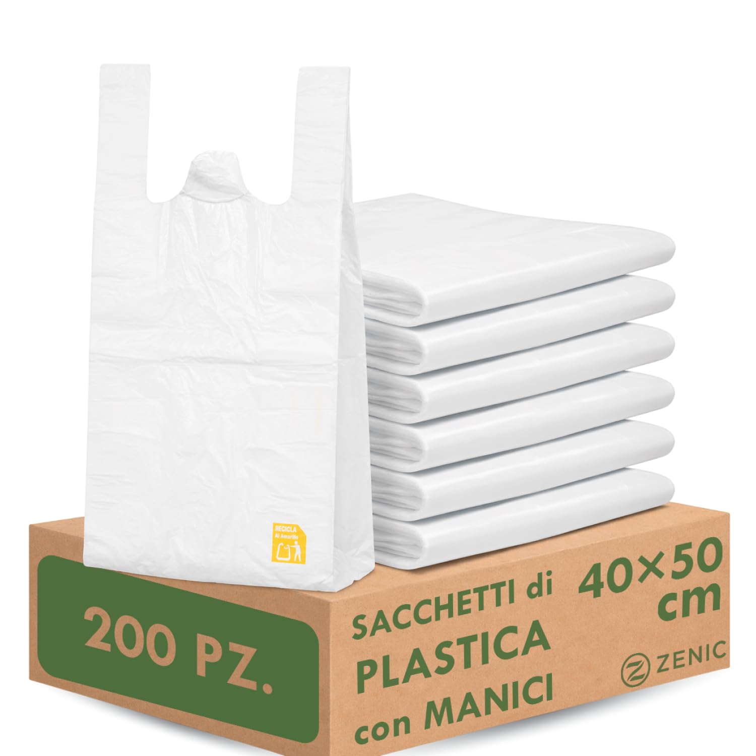 Zenic | Sacchetti Trasparenti Per Alimenti | 40x50 Cm Pack 200 Unità | Shopper Plastica con Manici per Spesa | Frutta e Verdura, Macelleria, Pescheria, Congelatore, Negozio e Casa