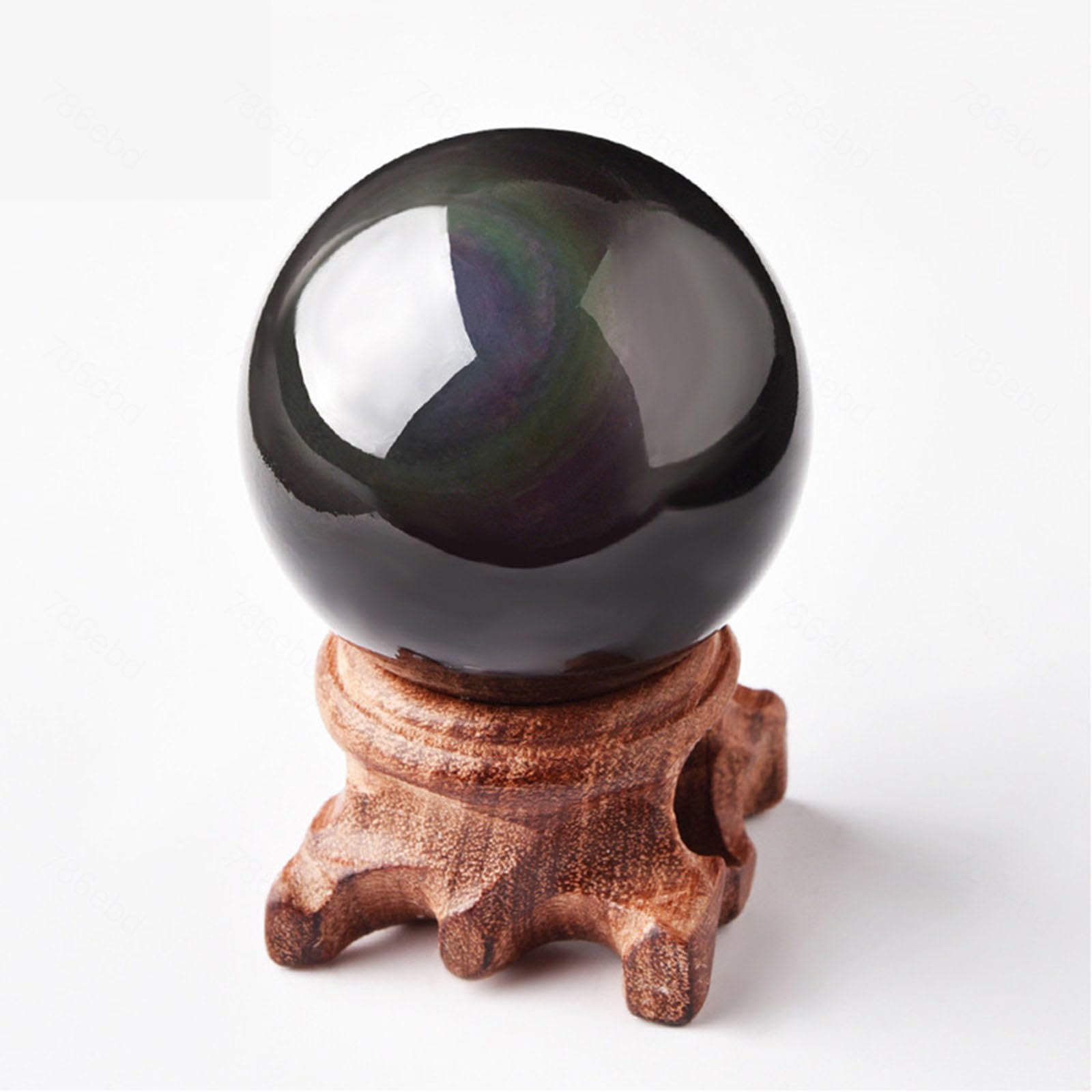 FOPURE Rainbow Eye Black Obsidian Sphere Crystal Ball with Wooden Stand, Crystals for,Witchcraft Halloween Home Decorations,40mm