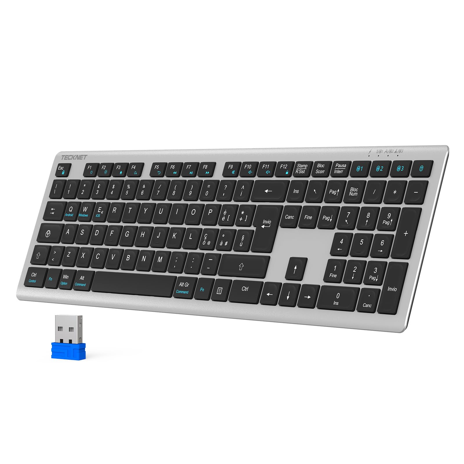 TECKNET Bluetooth Tastiera Wireless, 4 Commutazione Dispositivo(2.4G+BT), USB C Ricaricabile, Full-Size Ultra Sottile Tastiera Senza Fili per PC/Tablet/Windows/MacOS, Layout Italiano QWERTY