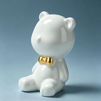 White Ceramic Bear Figurine with Gold Bow Tie for Shelf Tabletop Home Decor