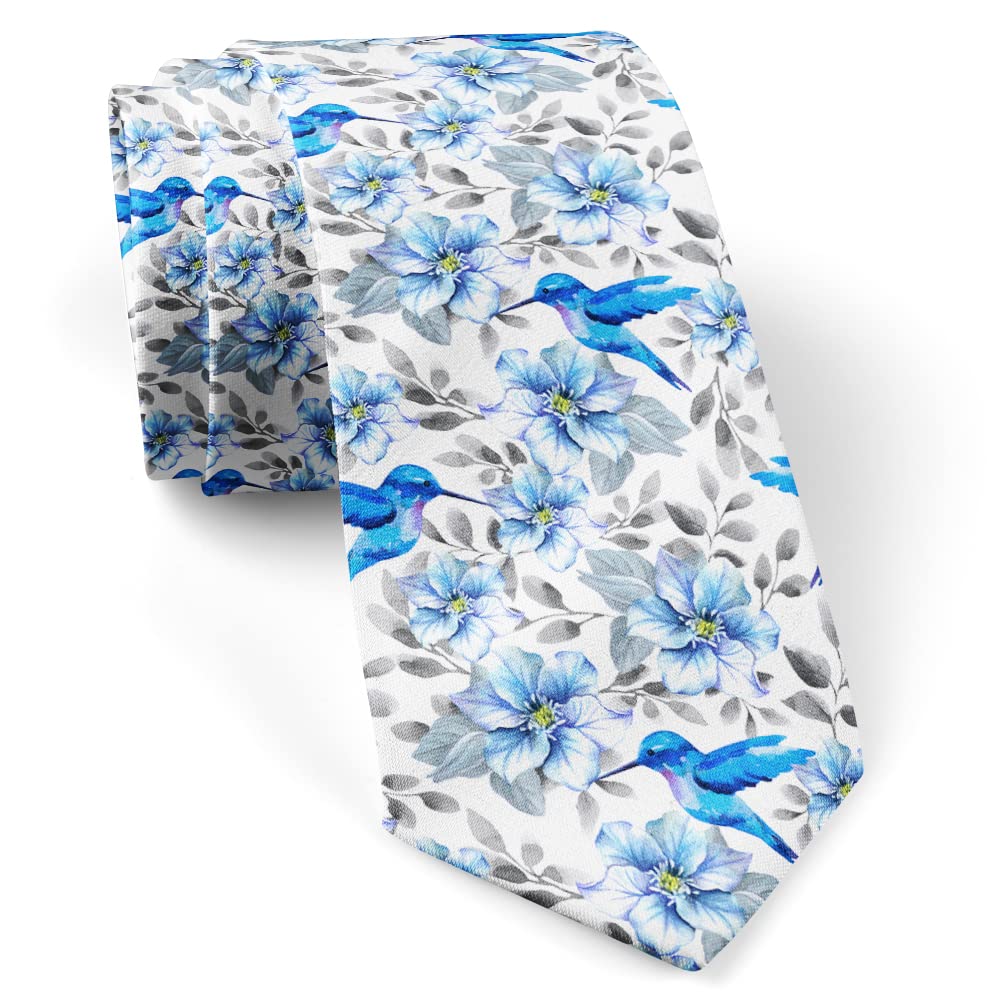 IKIKI-TECHSkinny Slim Fashion Necktie for men, Novelty Conversational Neckwear Ties (Flower Blue Flowers Hummingbirds Pattern)
