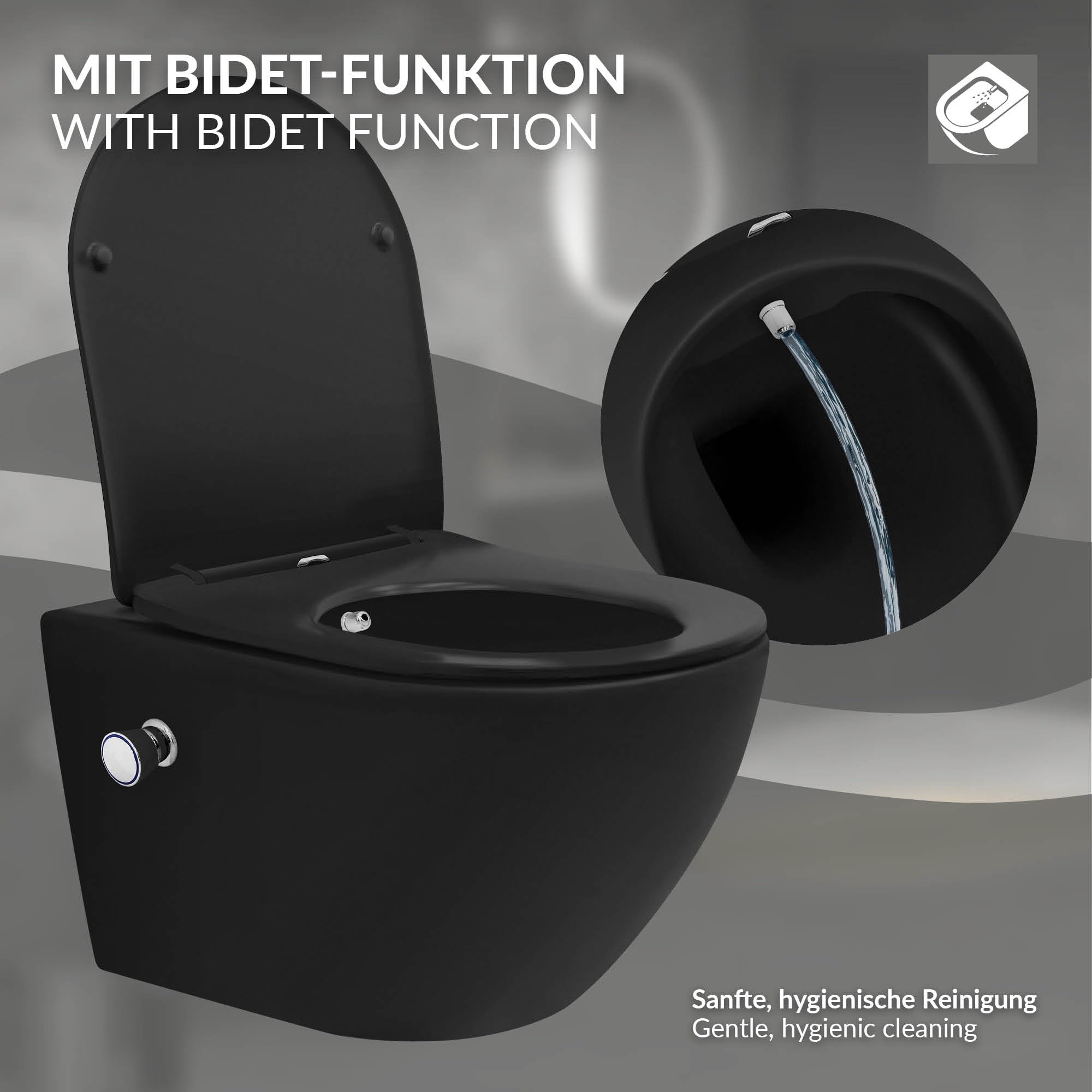 LuxeBath WC Suspendido con Función Bidé Negro de Cerámica, Inodoro Colgante 54cm Largo con Cierre Suave Descarga Profunda de Tornado para Baño, Wáter con Asiento Extraíble y Tapa Brillante Softclose