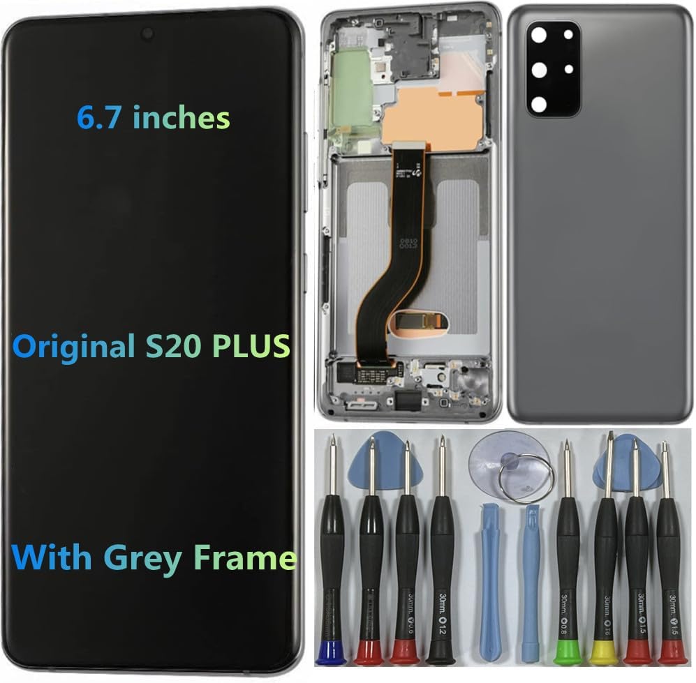 6.7" AMOLED Original for Samsung Galaxy S20 Plus Display Touch Screen Digitizer Assembly S20 Plus 5G SM-G985F SM-G986U SM-G986U1 SM-G986W LCD Screen Replacement (with Black Frame +Back Cover+Tools)
