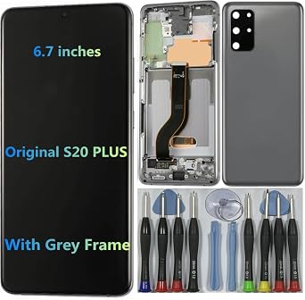 6.7" AMOLED Original for Samsung Galaxy S20 Plus Display Touch Screen Digitizer Assembly S20 Plus 5G SM-G985F SM-G986U SM-G986U1 SM-G986W LCD Screen Replacement with Grey Frame +Back Cover+Tools