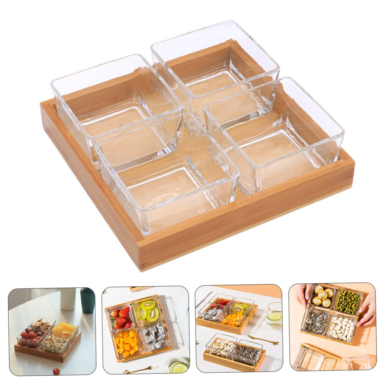 Plateau à Fruits Compartimenté 4 Cases en Verre Support en Bois, Multifonction pour Noix et Fruits Secs, Service Apéritif Cuisine et Fêtes, Ensemble sans Couleur Aléatoire