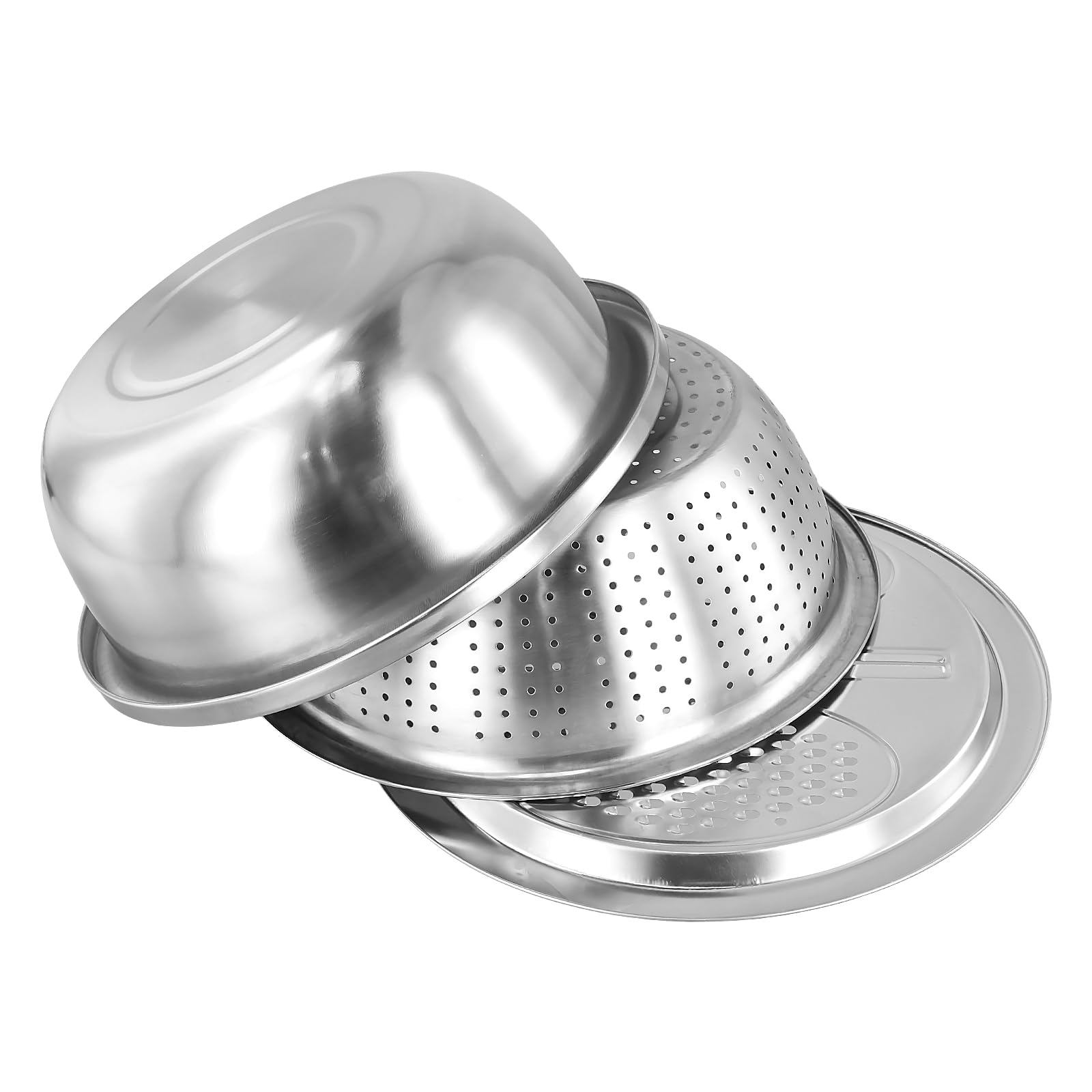 FUNSUEI Set di 3 colino per pasta in acciaio inox, ciotola con grattugia e colino, colino da cucina, colino per insalata, scolapasta in acciaio inox, ciotola per il lavaggio di verdure, frutta,