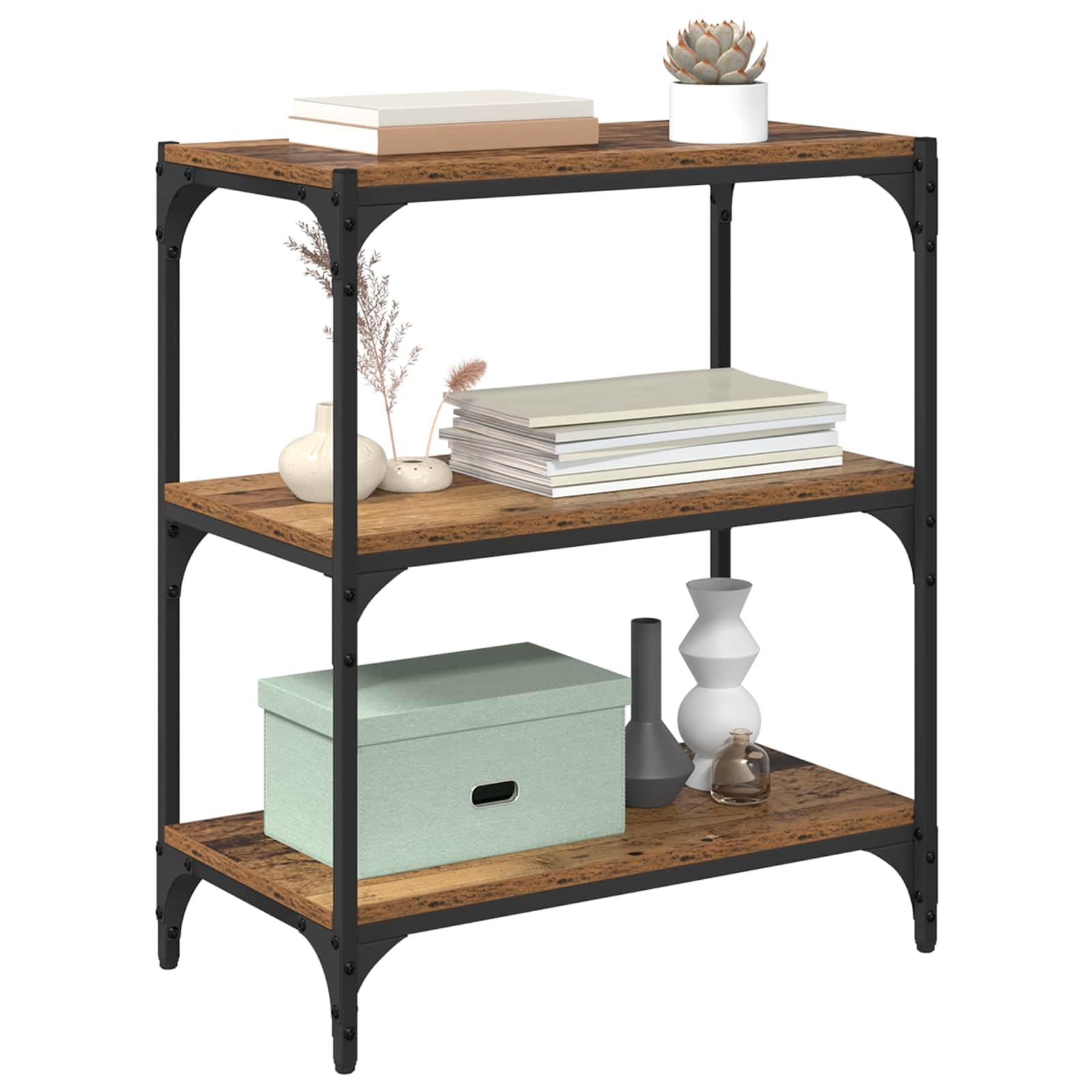 Libreria in legno anticato, 60 x 33 x 70,5 cm, con 3 ripiani, per soggiorno, ufficio e corridoio, robusto design industriale, molto spazio, divisorio da parete e stanza
