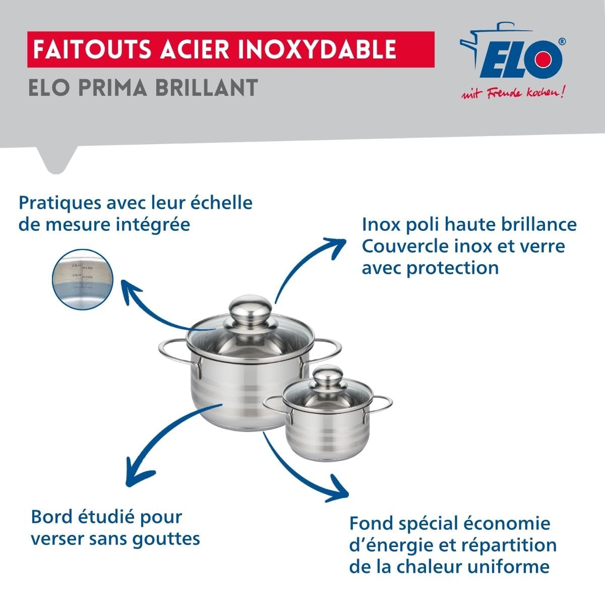Elo Batterie cuisine 2 poêles 24/28 cm et 2 faitouts 12/16 cm | Cuisson complète en un lot, 4 pièces pour équiper la cuisine, 2 poêles 24 28 cm, 2 faitouts 12 16 cm, Compatible induction
