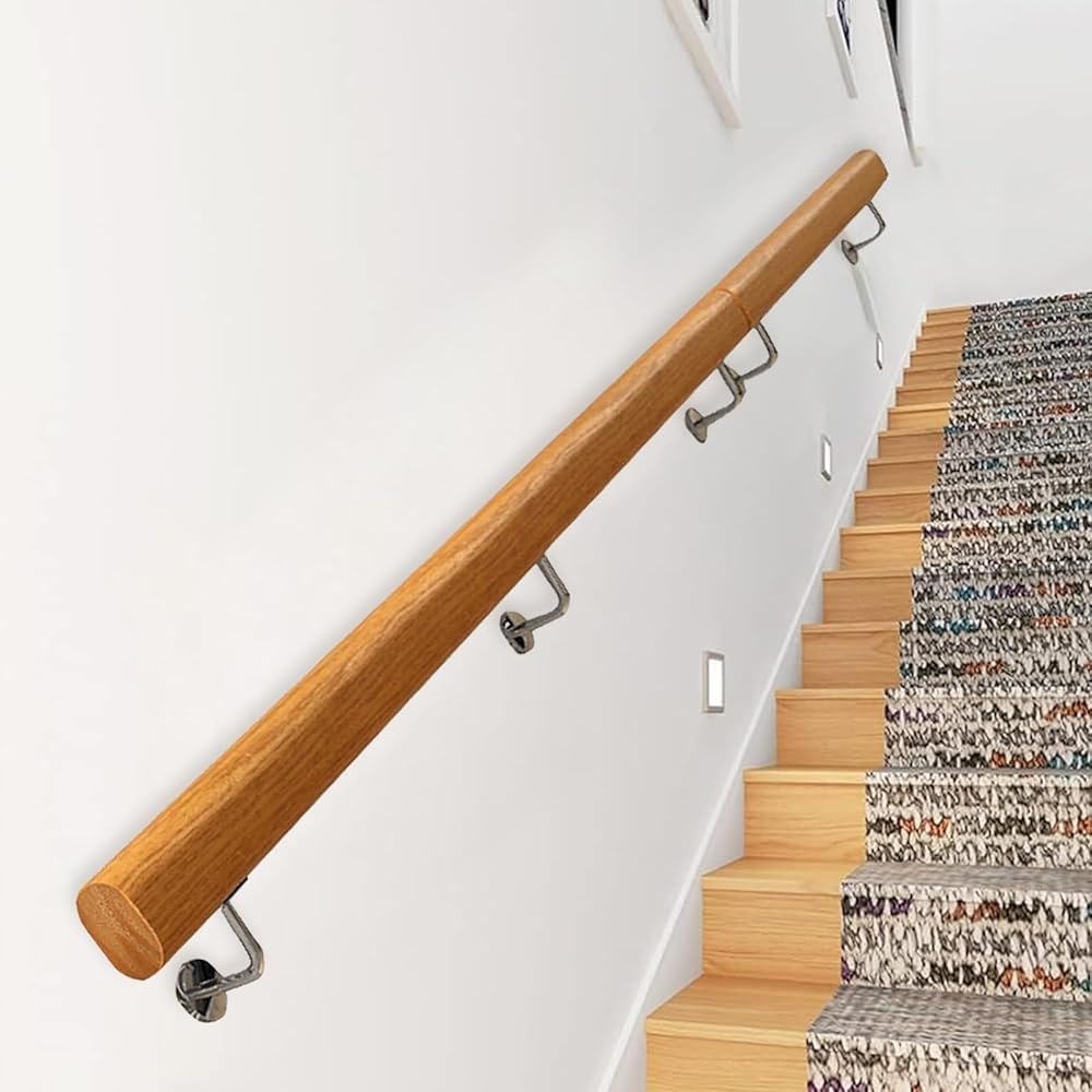 Lqsybhd 1 Wooden Handrails For Stairs, Non-Slip Staircase Banister Hand Rails Support Rod For Indoor Outdoor, Wall Mounted Railing With Stainless Steel Safety Brackets(Size:80cm/3.5Inch)