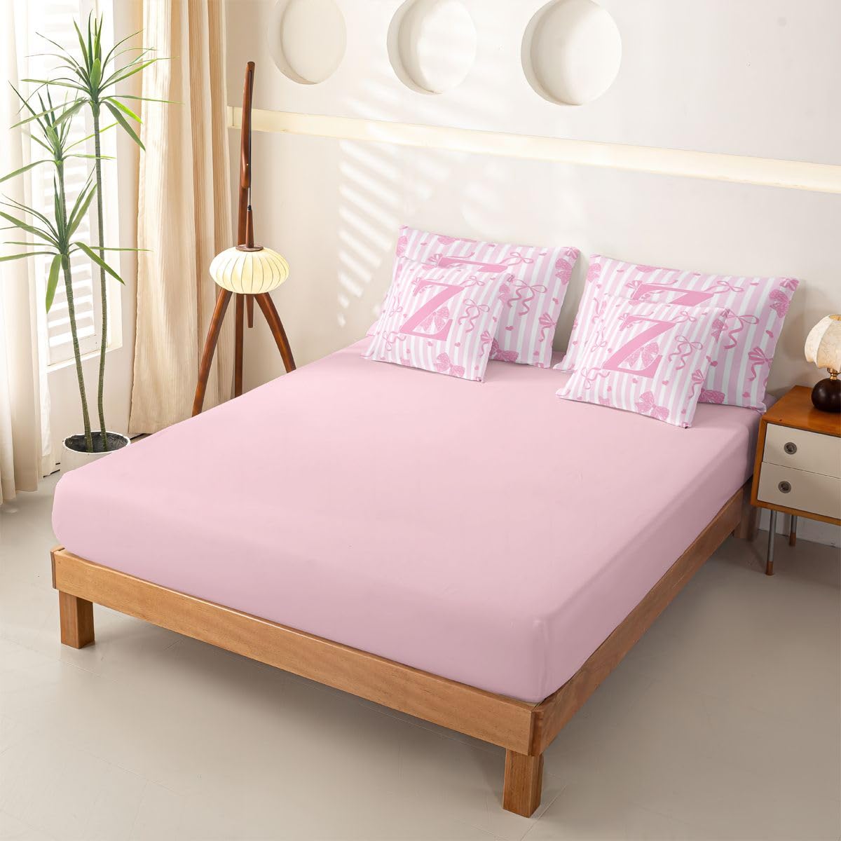 Loussiesd Juego de ropa de cama de 7 piezas con diseño de lazo rosa y blanco, para niños y niñas, con funda de edredón, sábanas, fundas de almohada, fundas de cojín, tamaño Super King