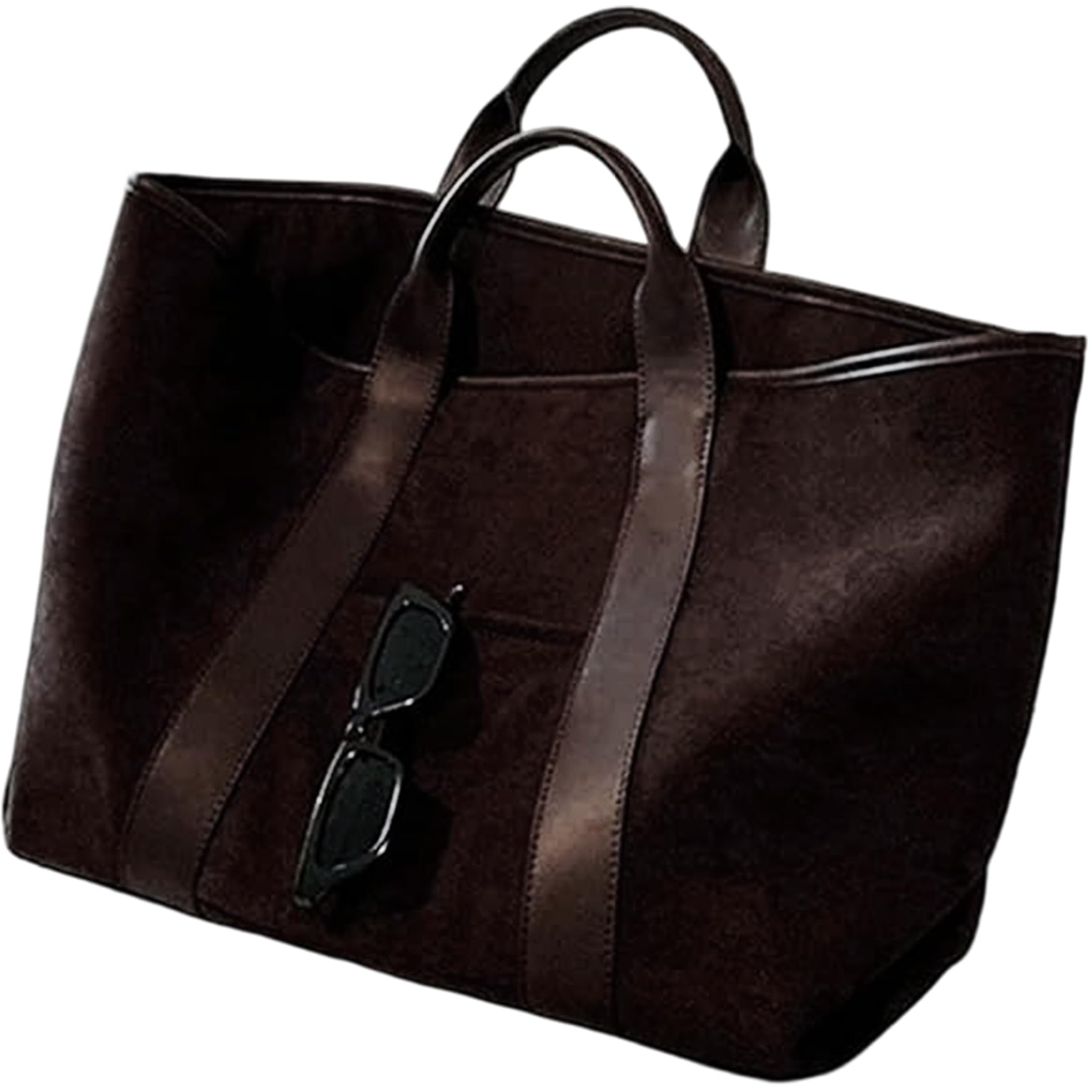 Tsawntd Unisex Coffee Brown Suede Bag Vintage Extra Large Tote Bag With Top Handle & Front Pocket Fashion Handbags For Work Travel, Top-Handle Bags