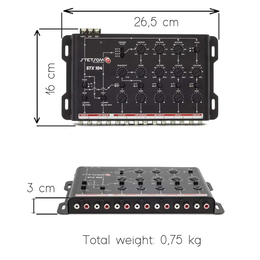 Kit Set para Stetson STX104 1 Crossover electrónico de 5 vías, Ecualizador, 4 entradas, 5 Salidas, con Refuerzo de Graves y Filtro subsónico, para Coche, 1 Pieza