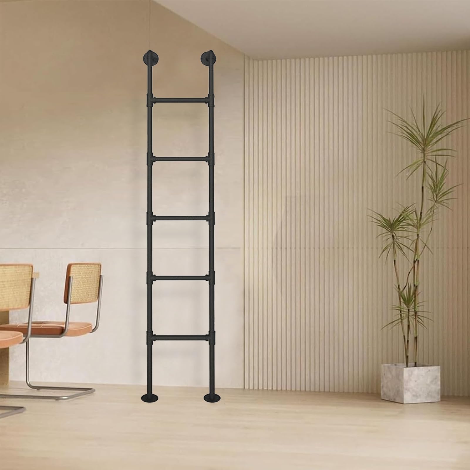 Escalera de pared para ático de hierro forjado negro en diseño recto