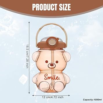Kawaii Water Bottle with Straw and Strap, 1L Cute Bear Water Bottles Portable Leakproof Plastic Drinking Cups for Kids Girls Women Sports Camping Picnic Hiking Travel