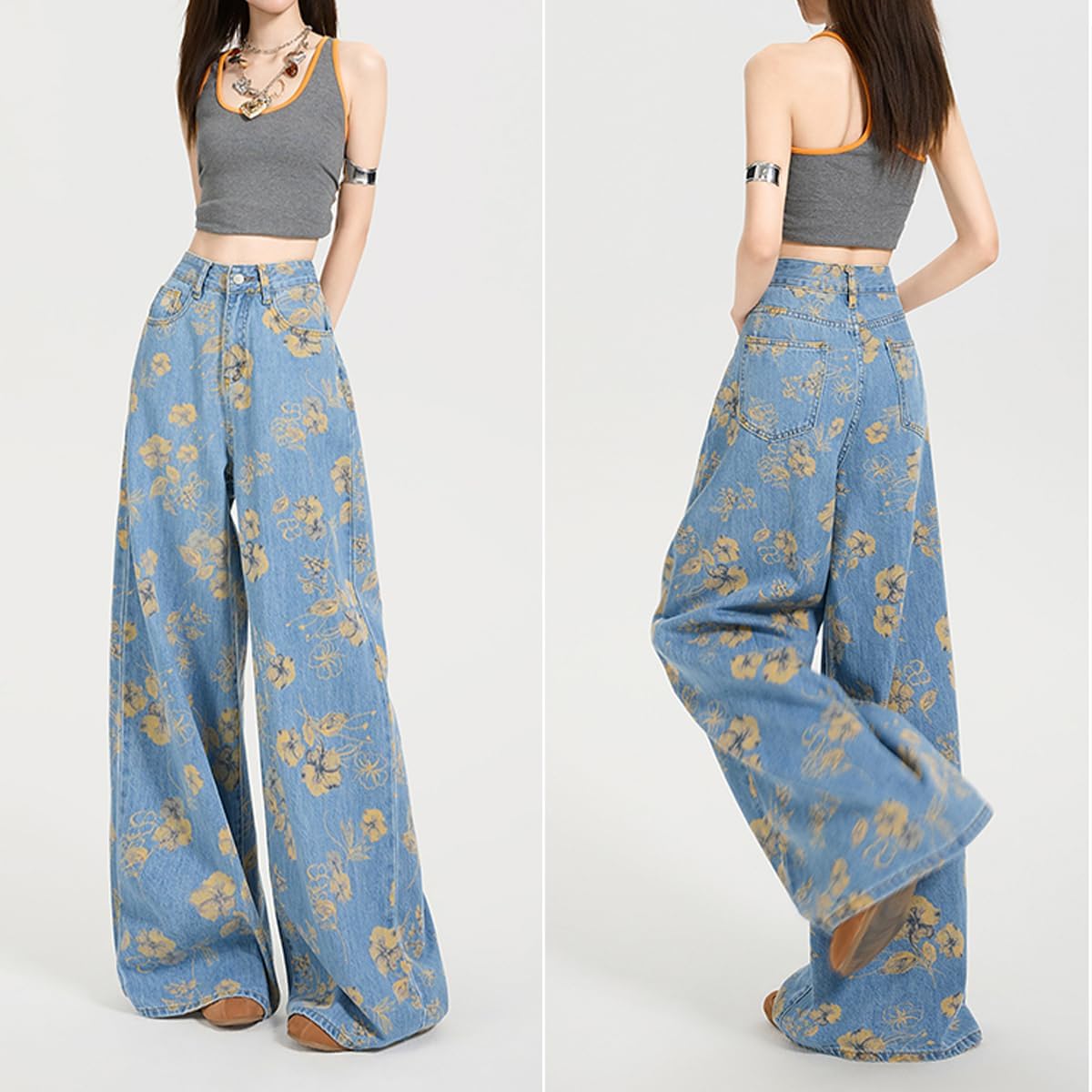 Fashion Casual Women's Jeans High Waisted Y2K Vintage Cute Floral Printed Streetwear Baggy Denim Pants - Image 6