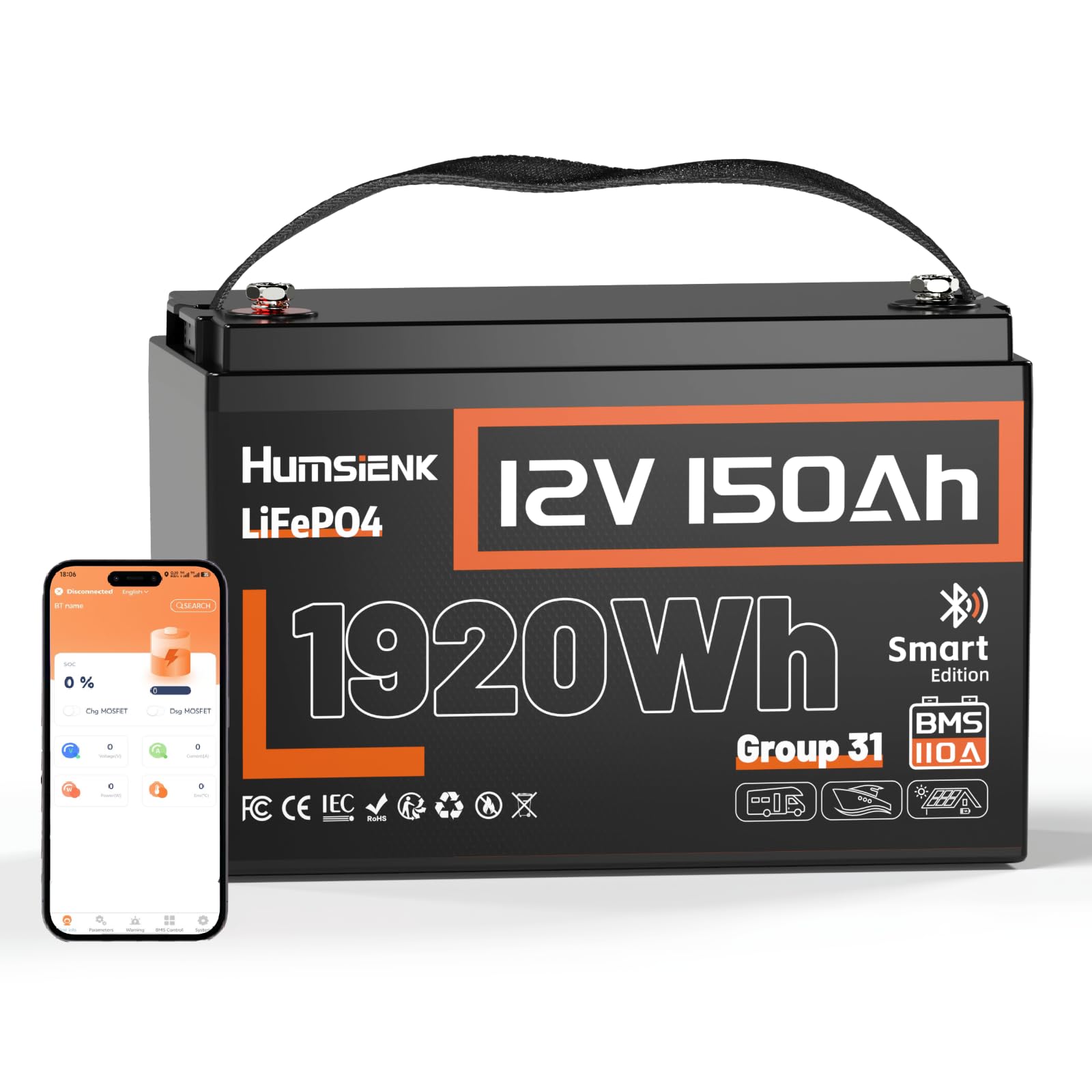 Humsienk Bateria litowa Bluetooth 12 V 150AH, LiFePO4 akumulator, inteligentny BMS 110A, z ochroną w niskiej temperaturze, 1920 Wh do przyczep kamperów, samochodów kempingowych, łodzi