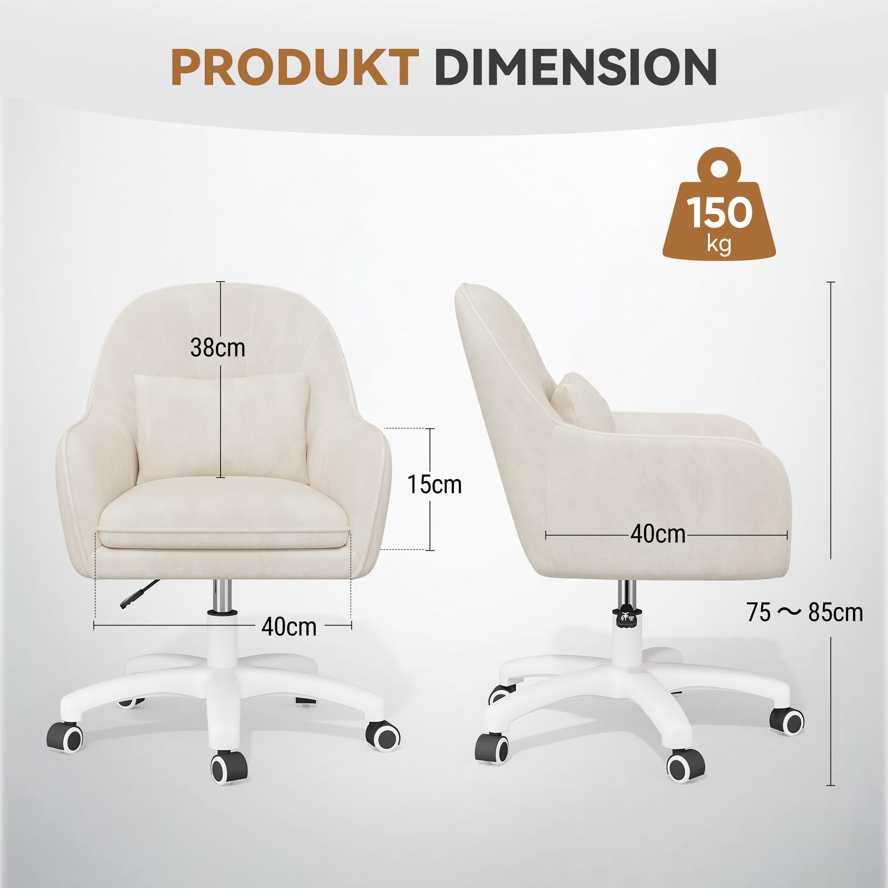 Homeoffice Stuhl, SamtStuhl mit Kopfkissen, 360° drehbar Höhenverstellbar Bürostuhl ergonomisch, Schminkstuhl Drehstuhl，für Arbeitszimmer Schlafzimmer,bis 120kg belastbar Beige