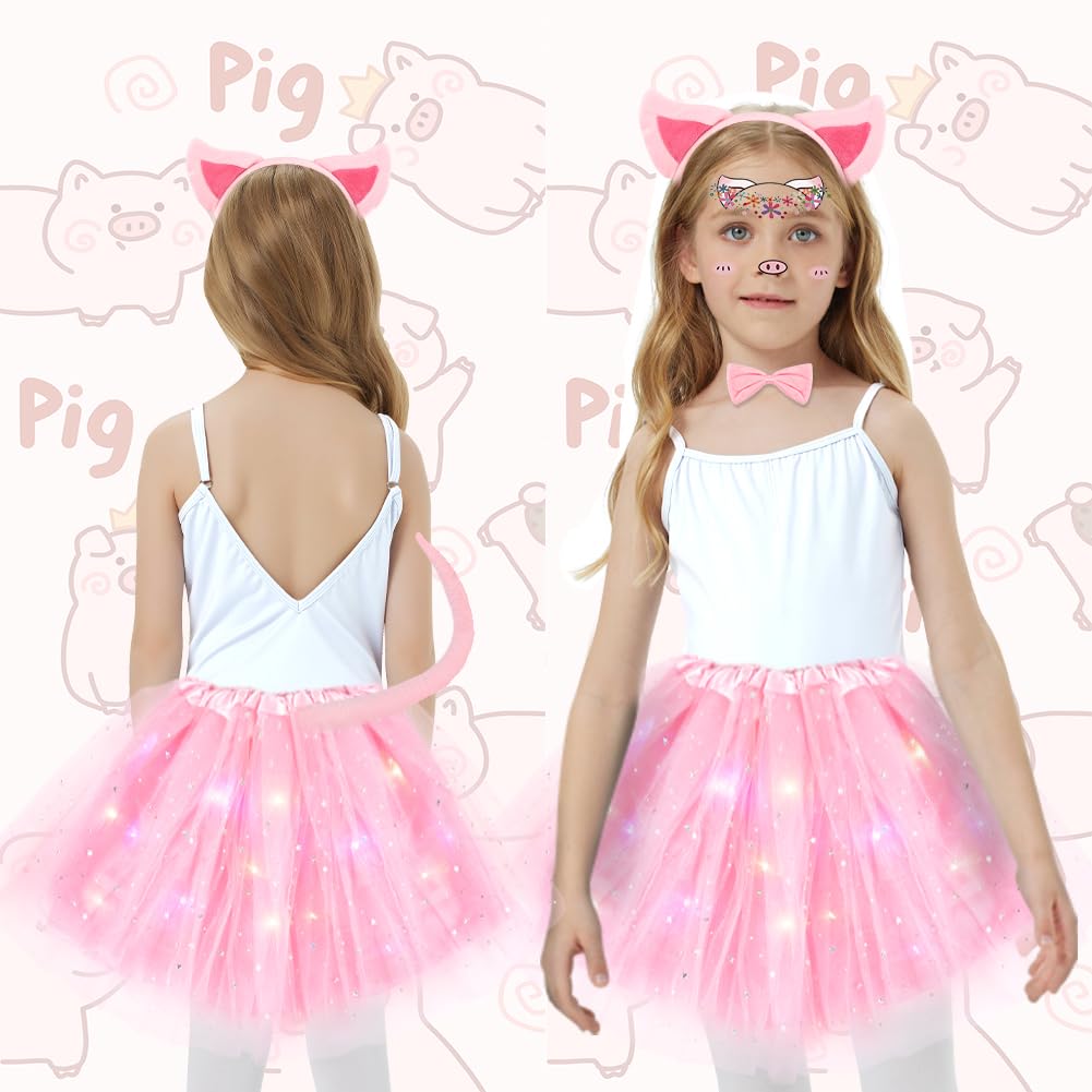 AOOWU Luminoso Costume Animale Bambina, Kit di 6 Pezzi Costume Animale Tutu LED Gonna con Cerchietti Orecchie maiale Naso Coda Papillon Adesivi per Halloween, Carnevale Cosplay Party