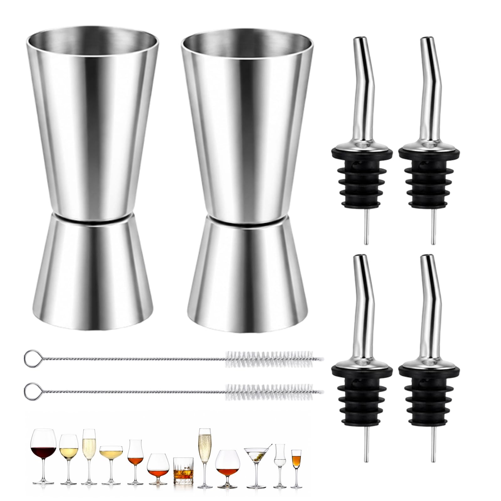 8-Piece Spirit Measure Set with Bottle Pourers for Spirits and Cleaning Brushes, Cocktail Jigger Alcohol Measure for Spirits for Home Bar Accessories
